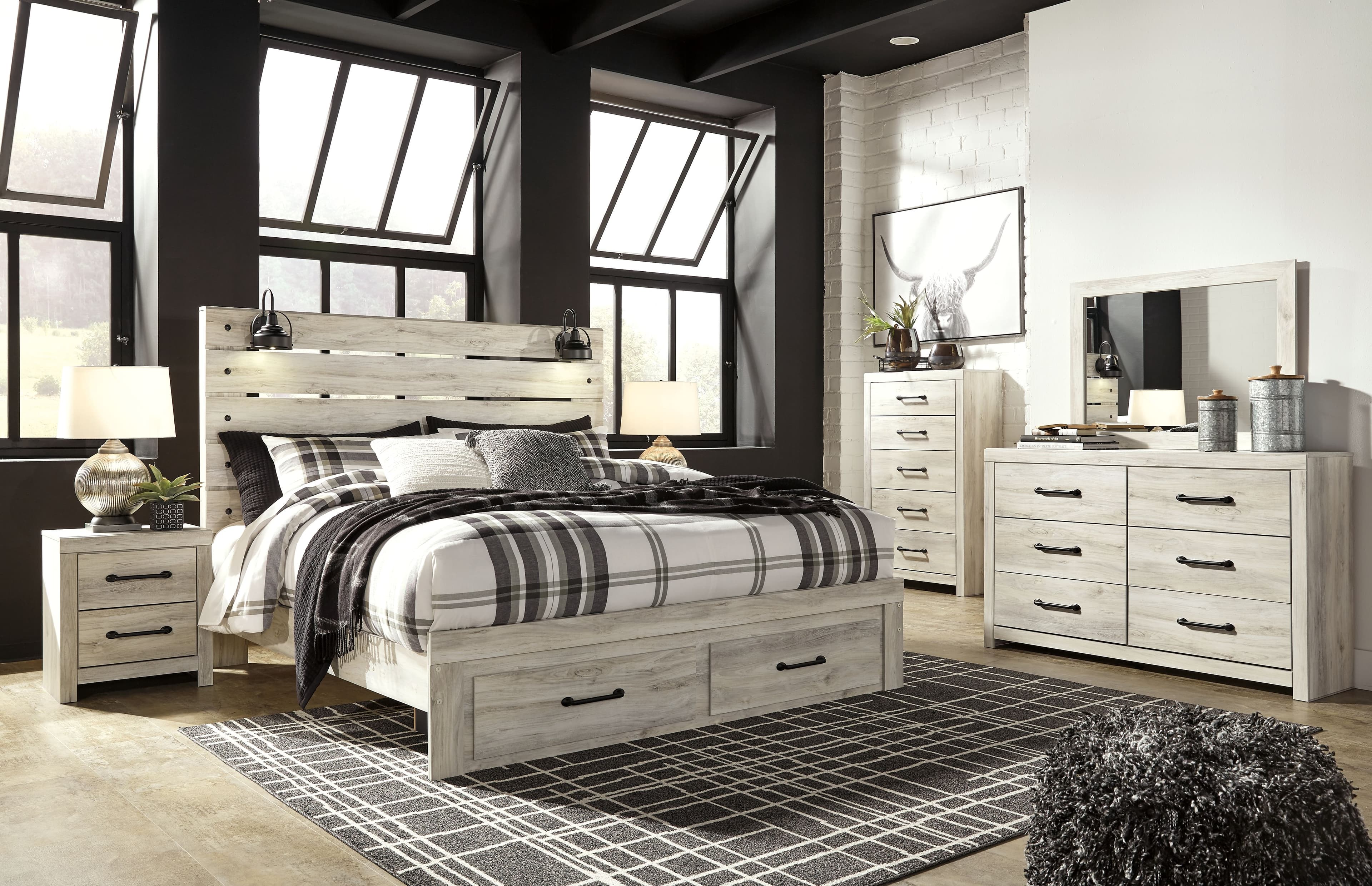 6 Pc. · Dresser, Mirror, Chest, King Panel Bed with 2 Storage Drawers