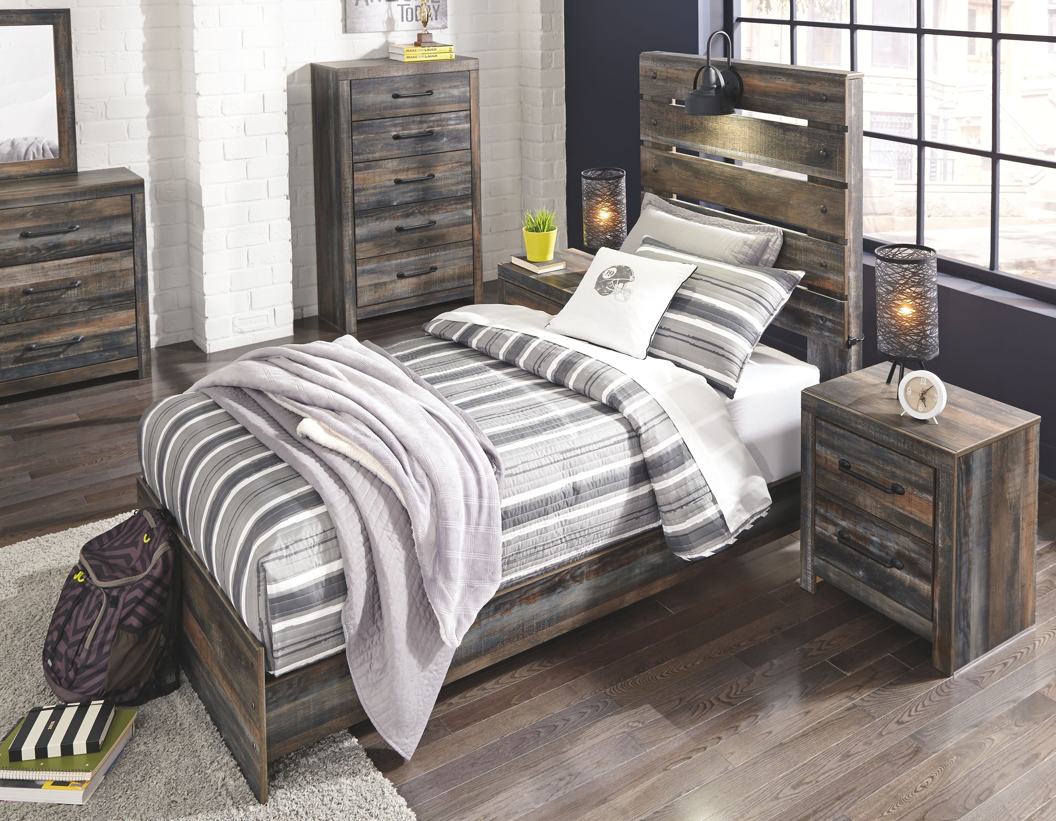 Drystan - 7 Pc. - Dresser, Mirror, Twin Panel Bed, 2 Nightstands - Brown / Beige