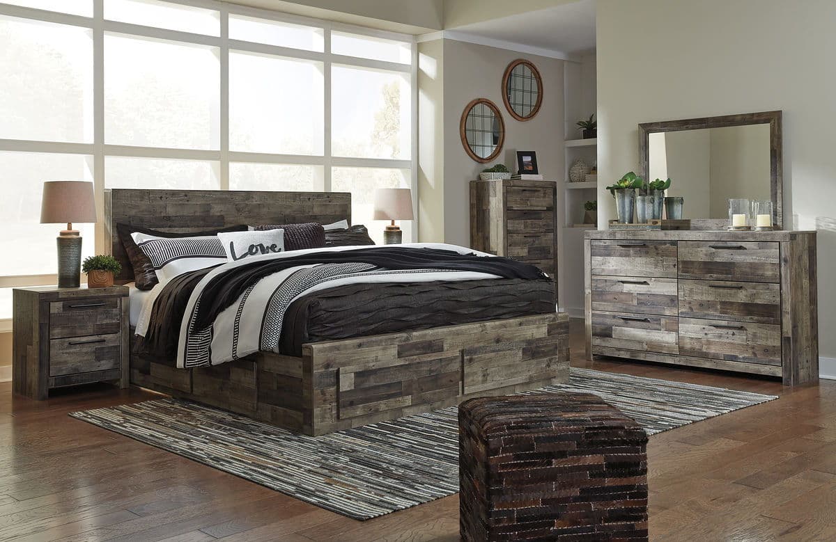 9 Pc. · Dresser, Mirror, King Panel Bed with 6 Storage Drawers, 2 Nightstands · Multi Gray