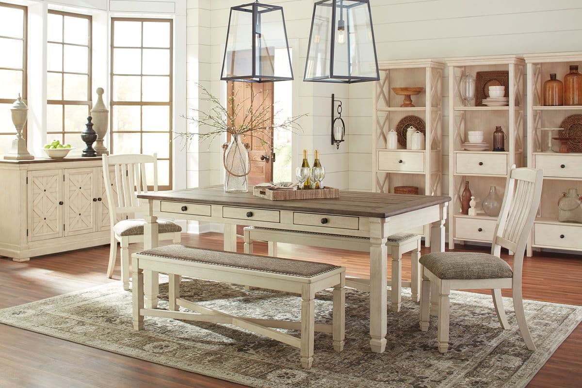 9 Pc. · Dining Room Table, 2 Side Chairs, Bench (2), Server, 3 Cabinets