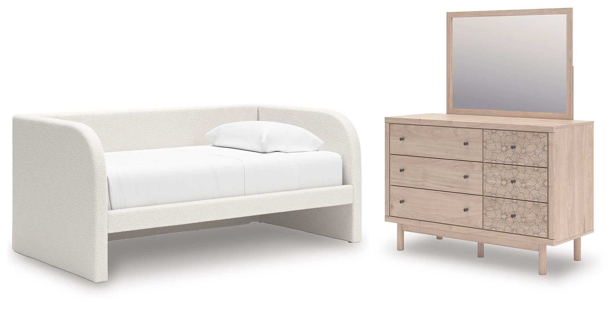 Arloster - 3 Pc. - Twin Upholstered Day Bed, Dresser And Mirror - White