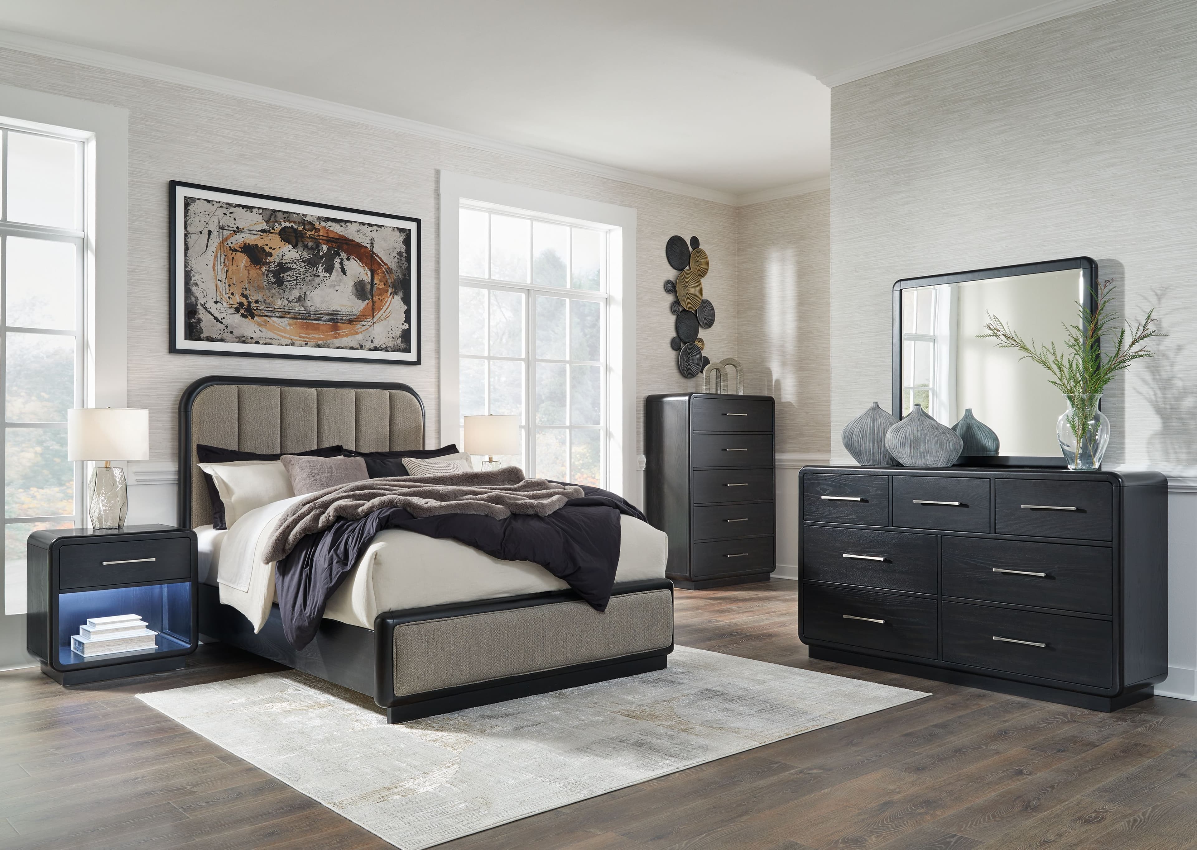 7 Pc. · Dresser, Mirror, Chest, Queen Upholstered Panel Bed, 2 Nightstands