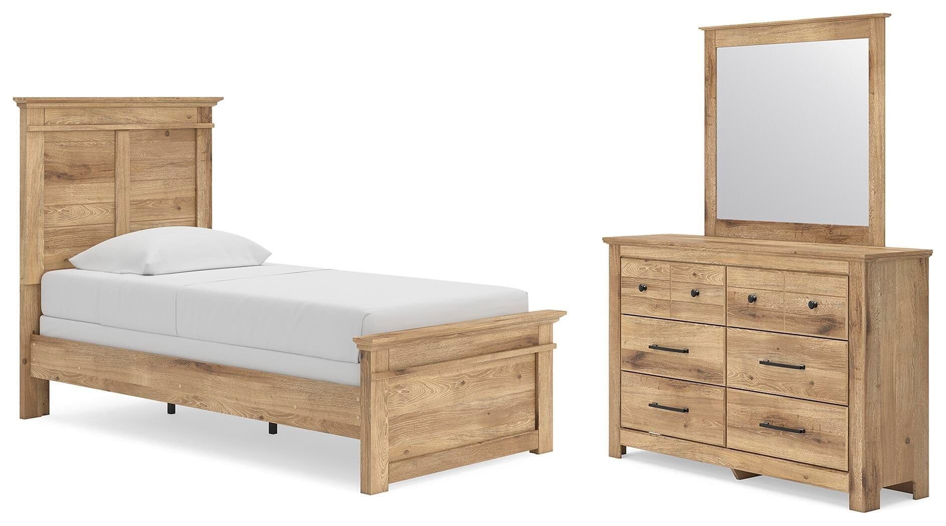 Makidern - 3 Pc. - Twin Panel Bed, Dresser And Mirror - Tan