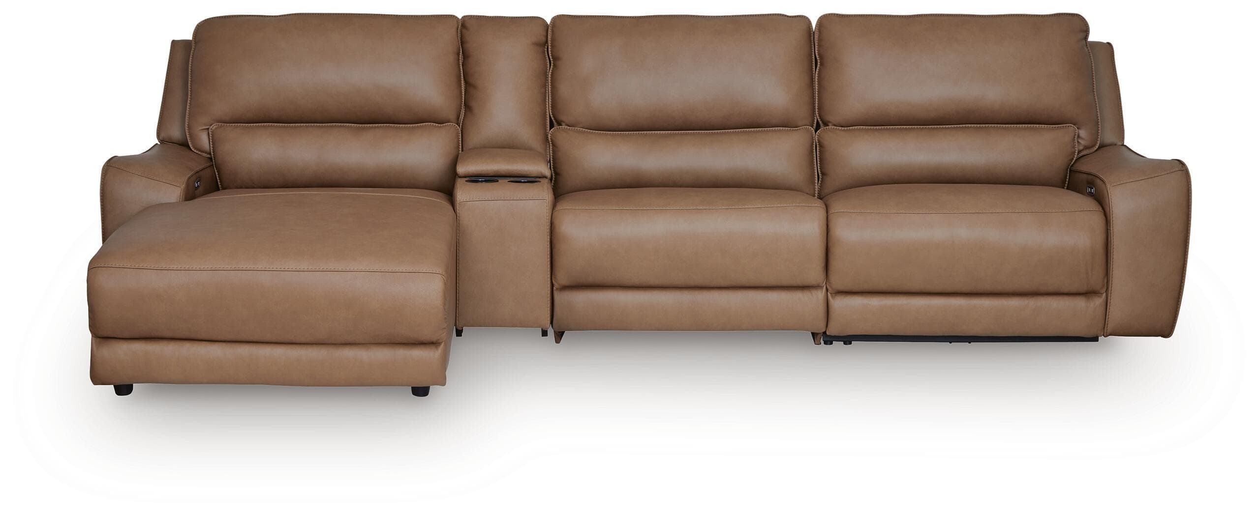 DeepWakes - 4-Piece Power Reclining Sectional With LAF Press Back Power Chaise And Storage Console - Caramel