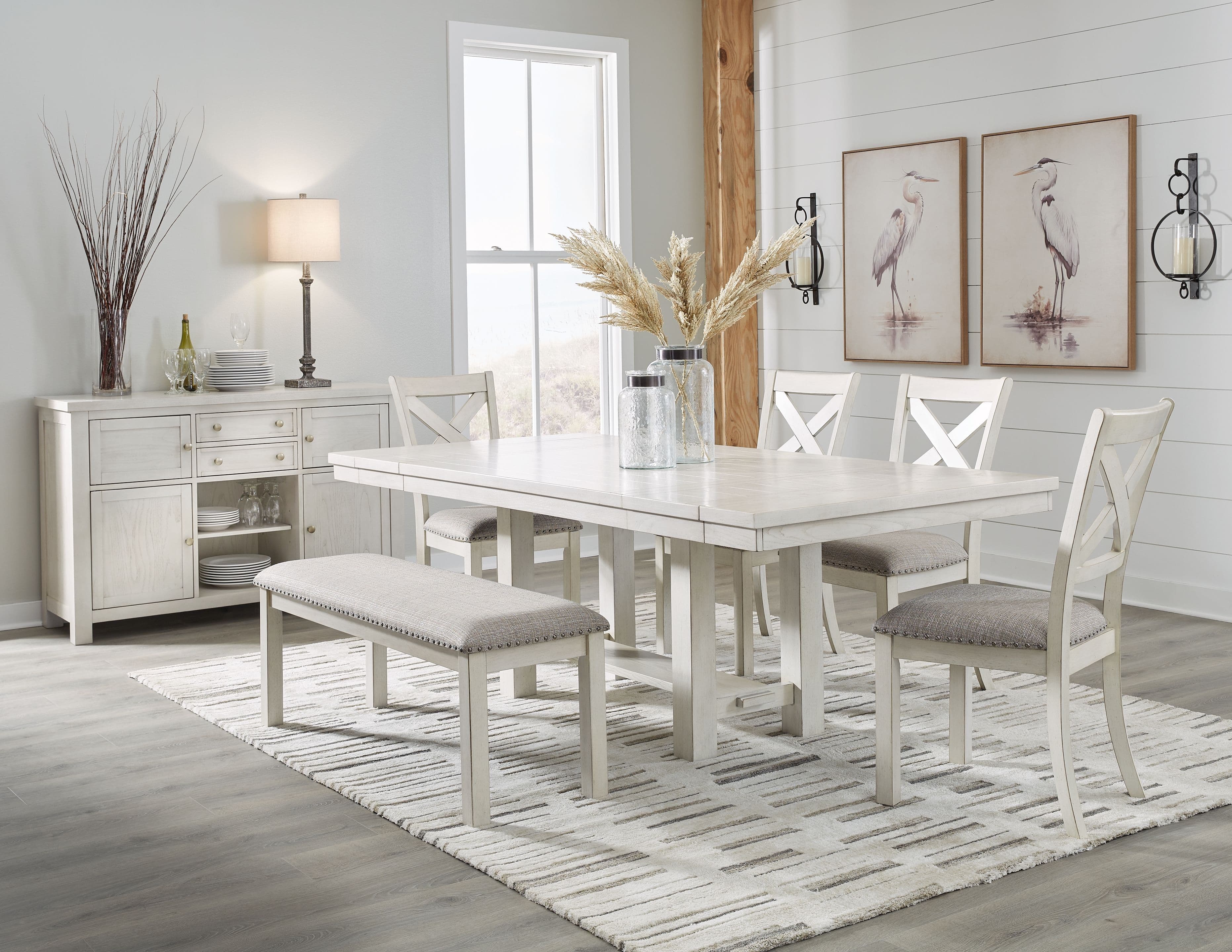 Rectangular Dining Room Extension Table, 4 Upholstered Side Chairs, Bench, Server