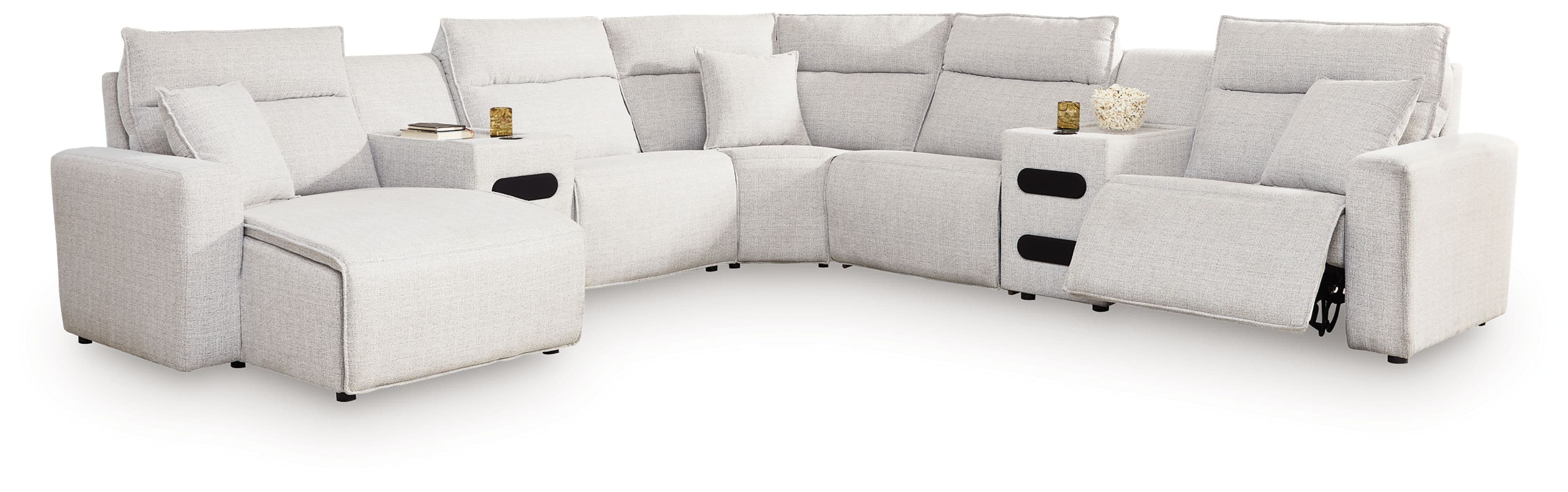 7-Piece Power Reclining Sectional With LAF Press Back Power Chaise And Audio Consoles