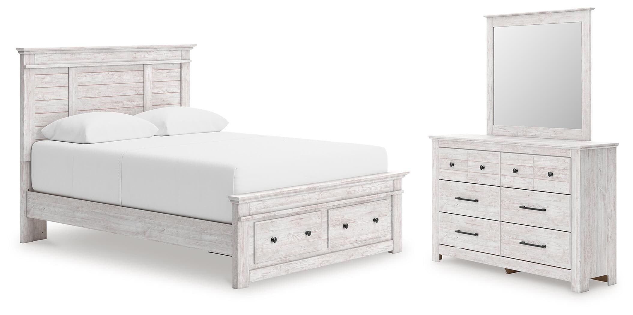 Makidern - 3 Pc. - Queen Panel Storage Bed, Dresser And Mirror - Whitewash
