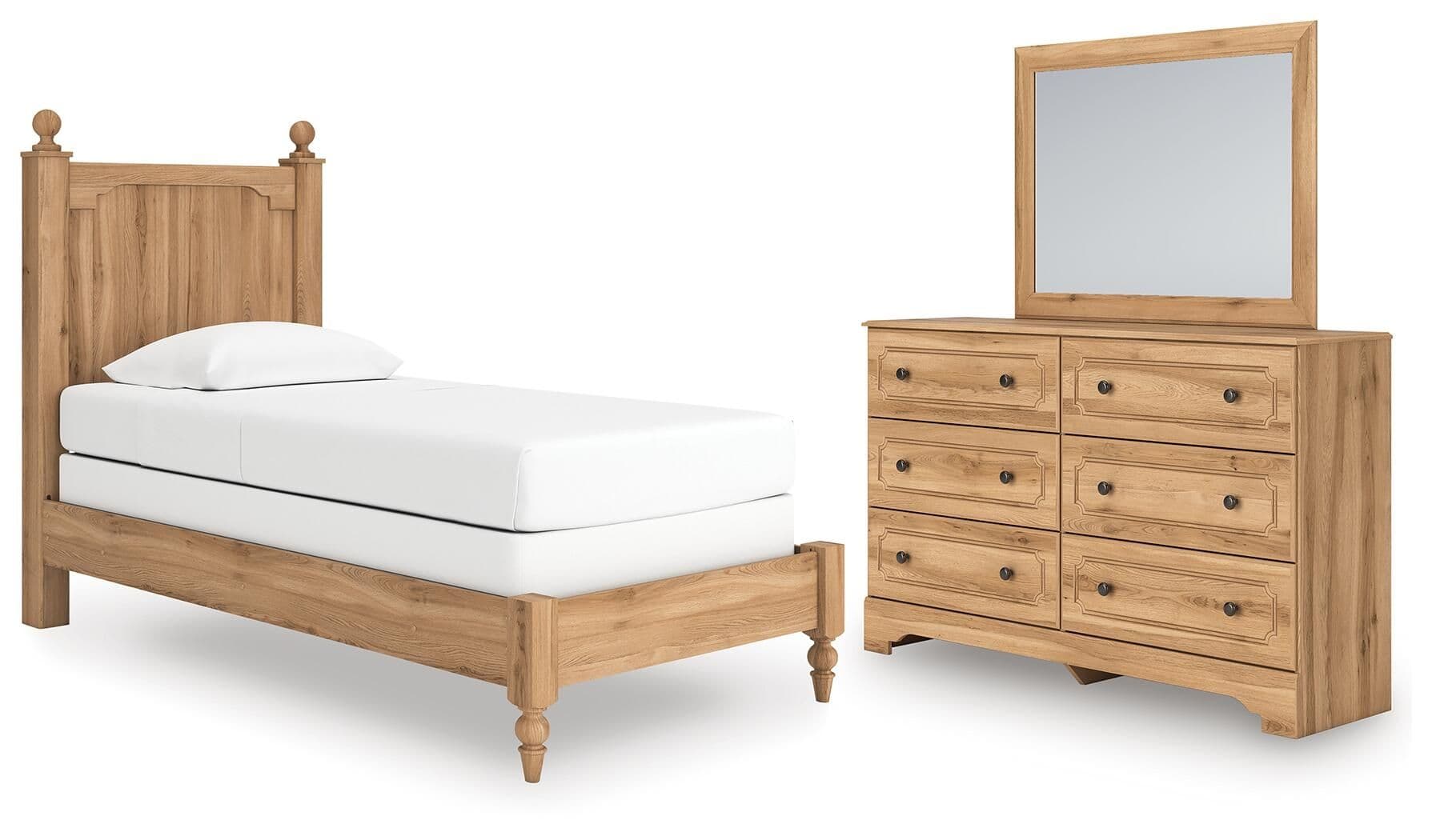 Aleaport - 3 Pc. - Twin Panel Bed, Dresser And Mirror - Warm Brown