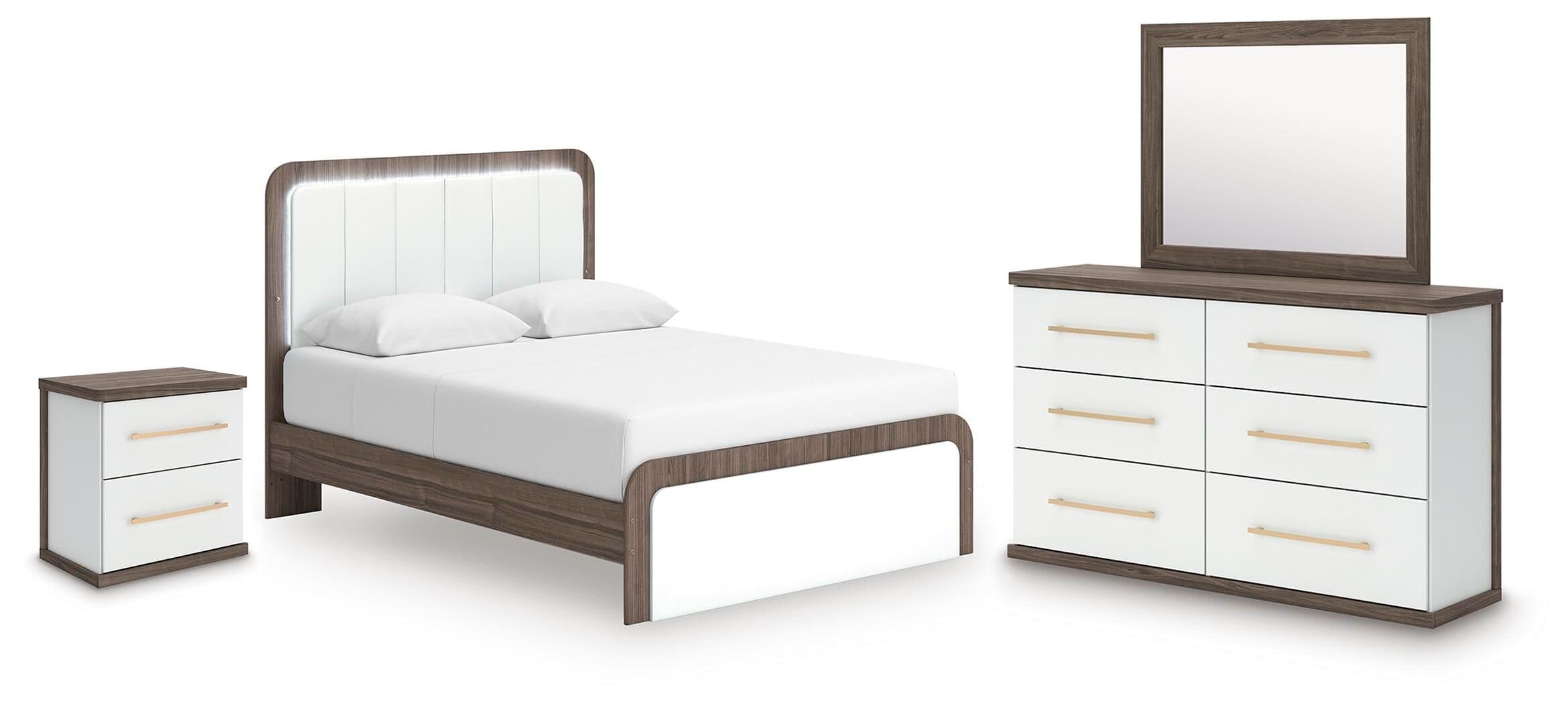 4 Pc. · Queen Upholstered Bed, Dresser, Mirror And Nightstand · White / Brown