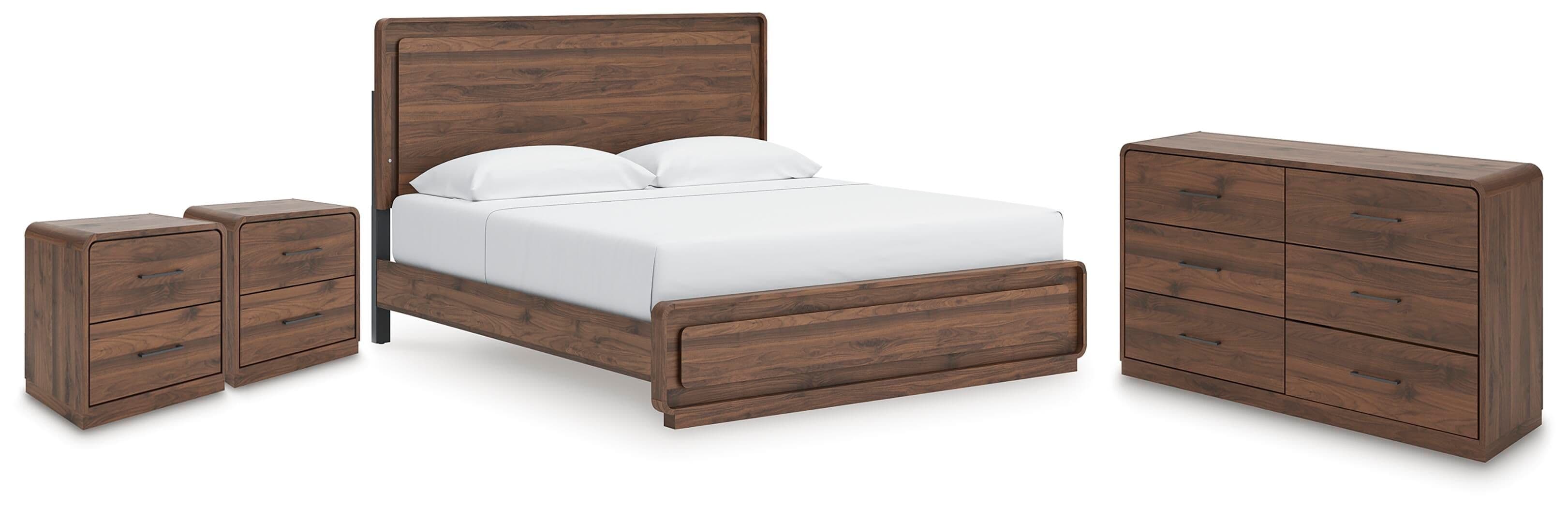 Fortlorn - 4 Pc. - King Panel Bed, Dresser And 2 Nightstands - Walnut Brown
