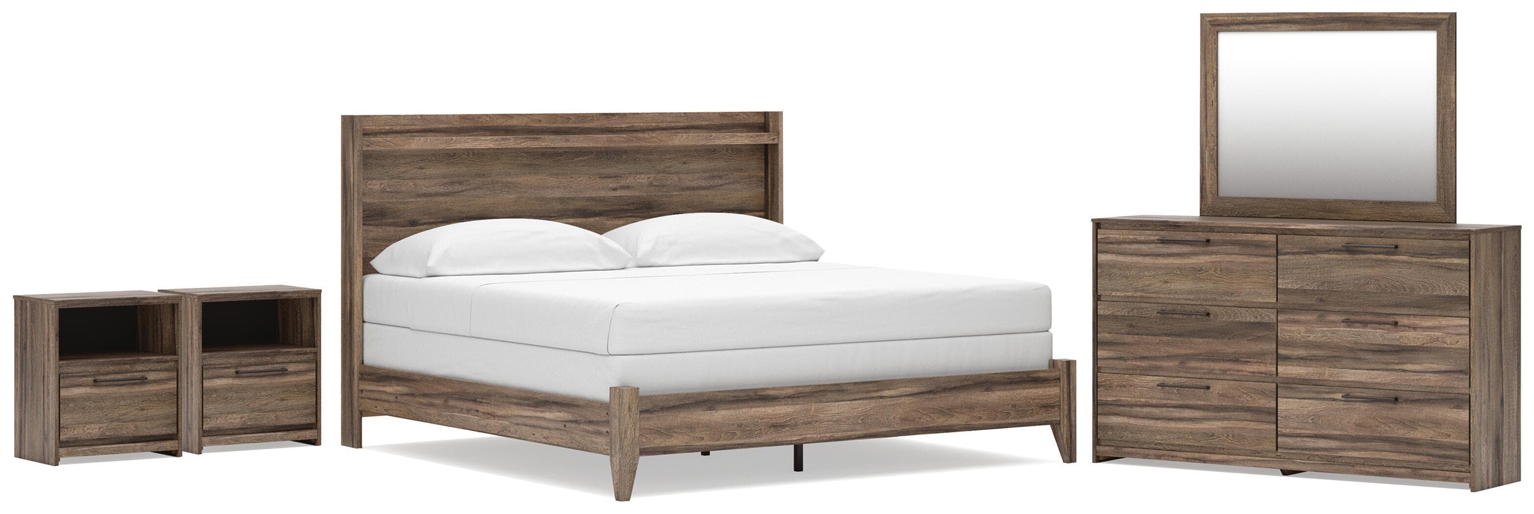 Elbrim - 5 Pc. - King Panel Bed, Dresser, Mirror And 2 Nightstands - Brown