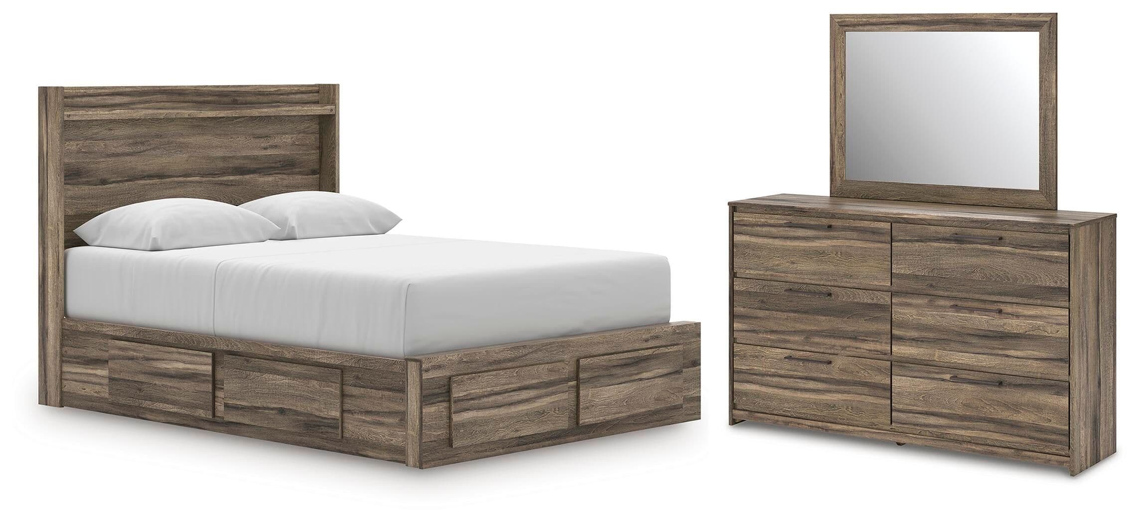 Elbrim - 3 Pc. - Queen Panel Storage Bed With Under Bed Storage Unit, Dresser And Mirror - Brown