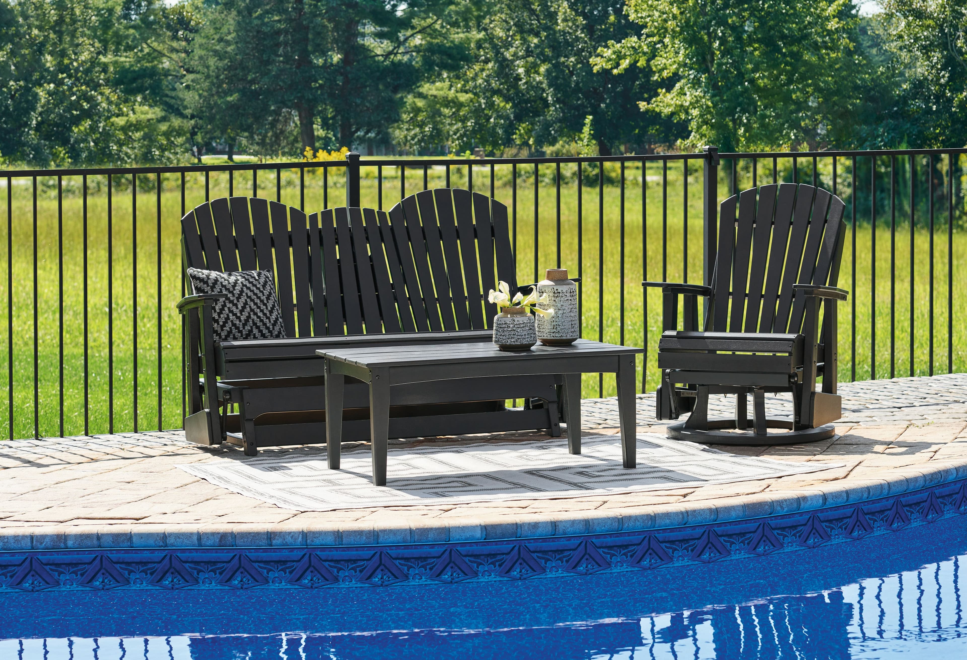 3 Pc. · Glider Loveseat, Swivel Glider Chair, Cocktail Table · Black