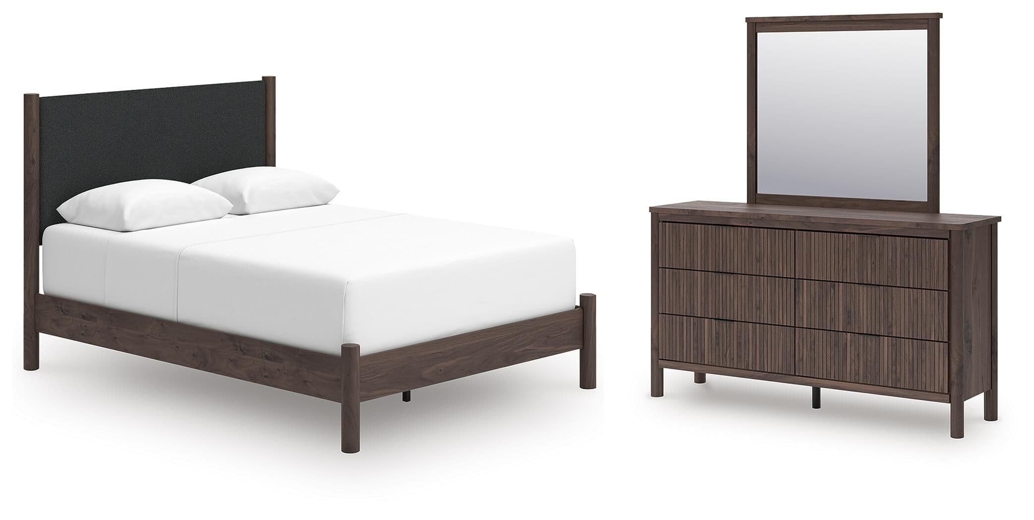 Pamytta - 3 Pc. - Queen Upholstered Panel Bed, Dresser And Mirror - Brown