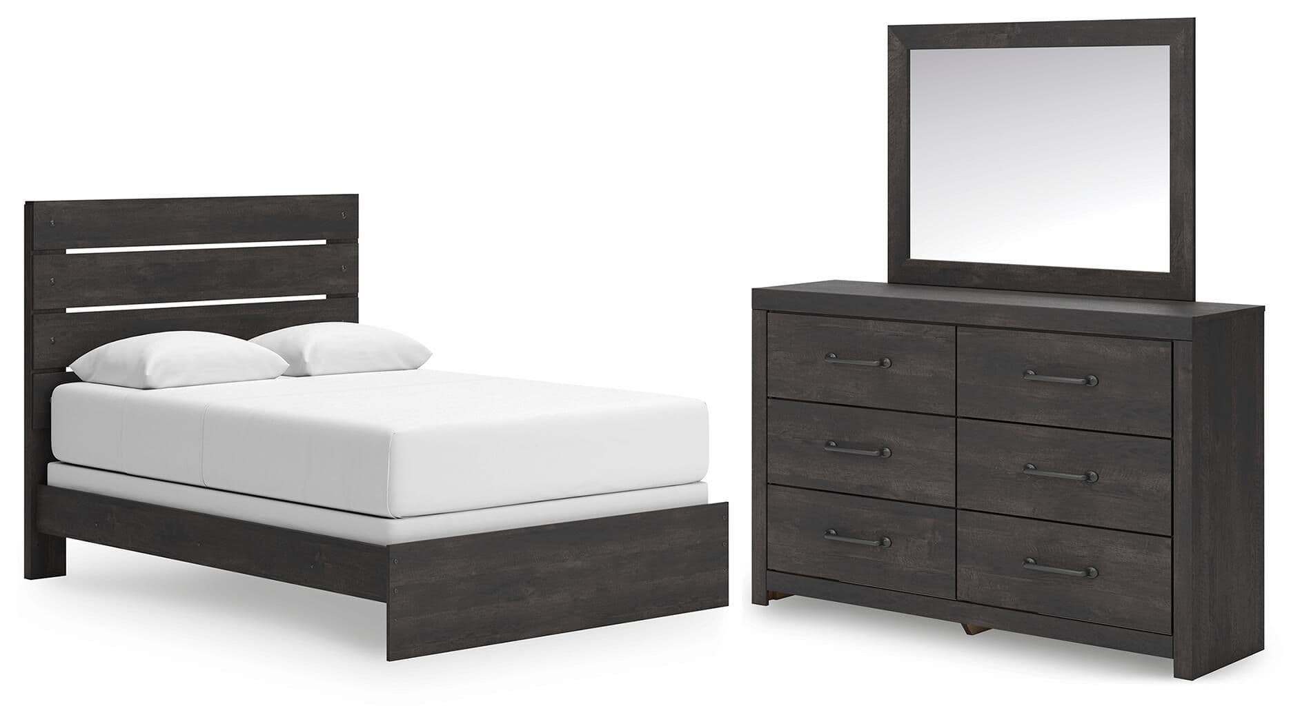 Hollivern - 3 Pc. - Queen Panel Bed, Dresser And Mirror - Dark Gray