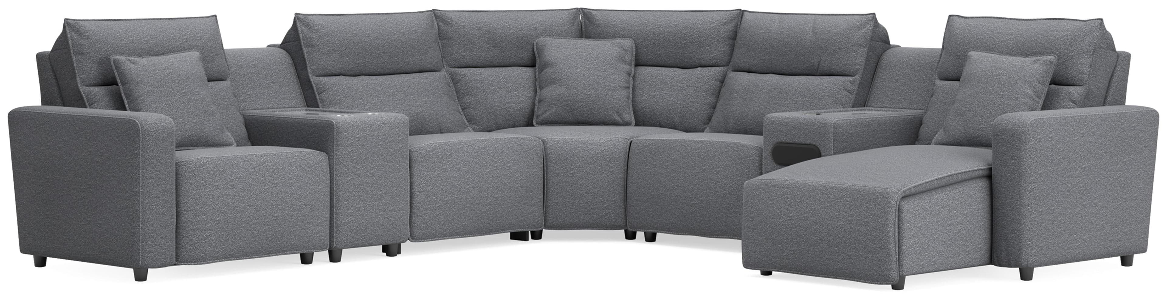 7-Piece Power Reclining Sectional With RAF Press Back Power Chaise, Console And Audio System · Salt And Pepper