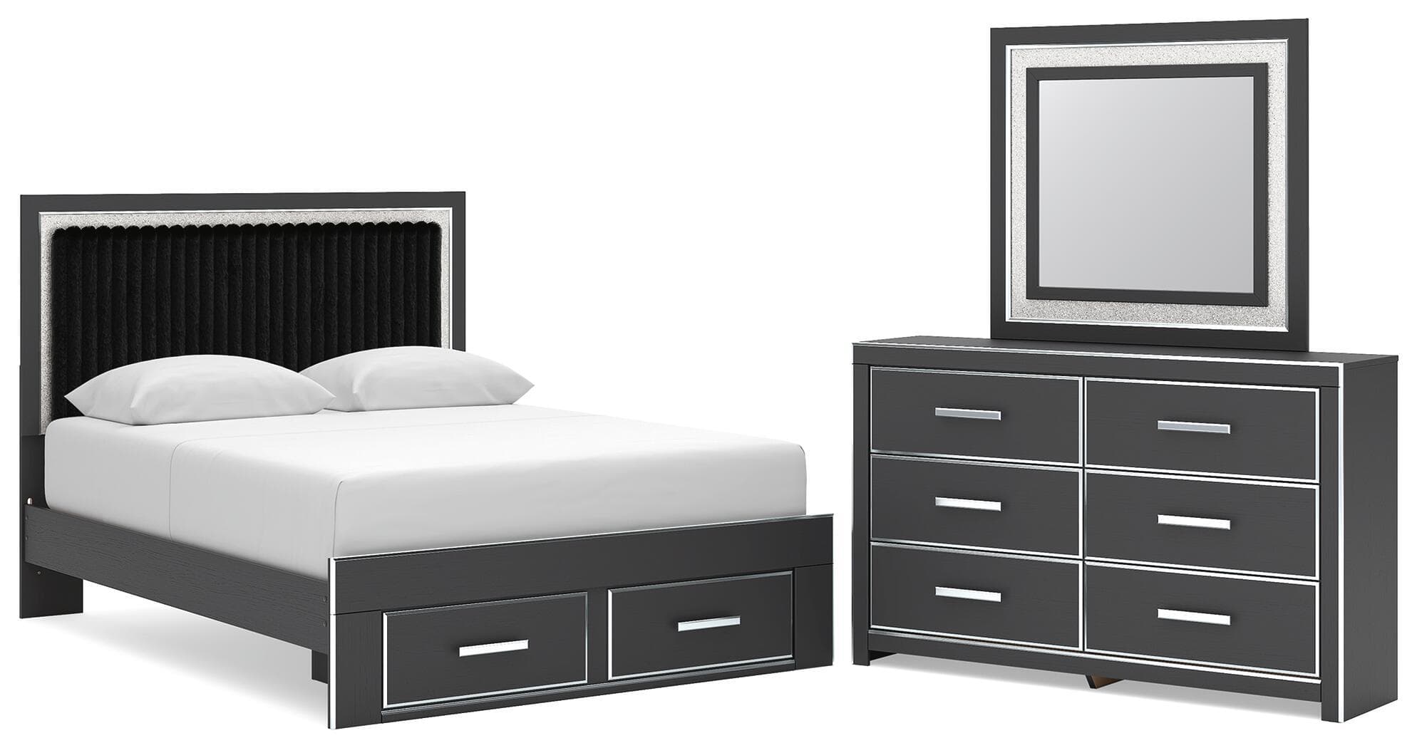 Zuraleus - 3 Pc. - Queen Upholstered Panel Platform Storage Bed, Dresser And Mirror - Black