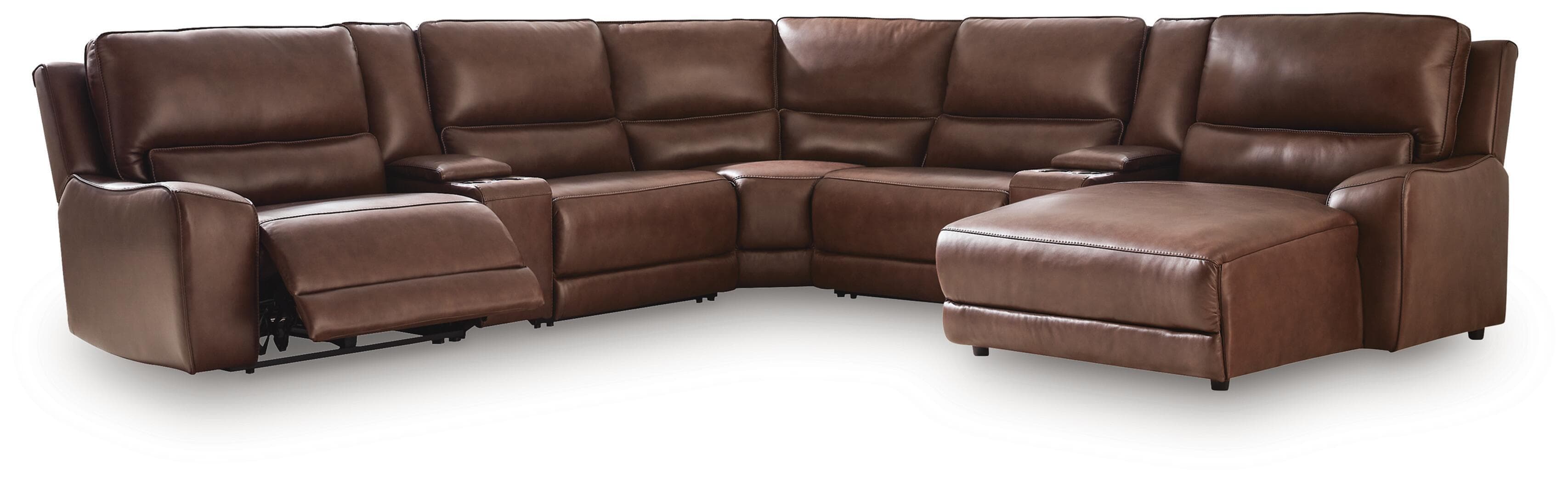 DeepWakes - 7-Piece Power Reclining Sectional With RAF Press Back Power Chaise And 2 Storage Consoles - Canyon