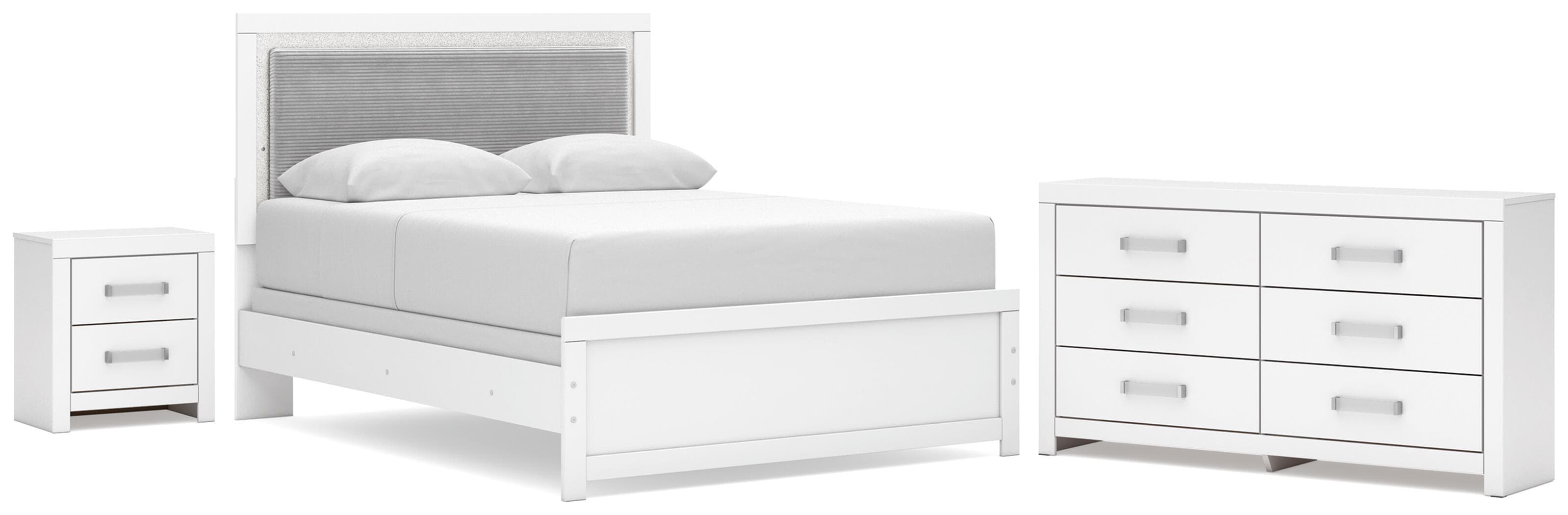 Maeling - 3 Pc. - Queen Upholstered Panel Bed, Dresser And Nightstand - White