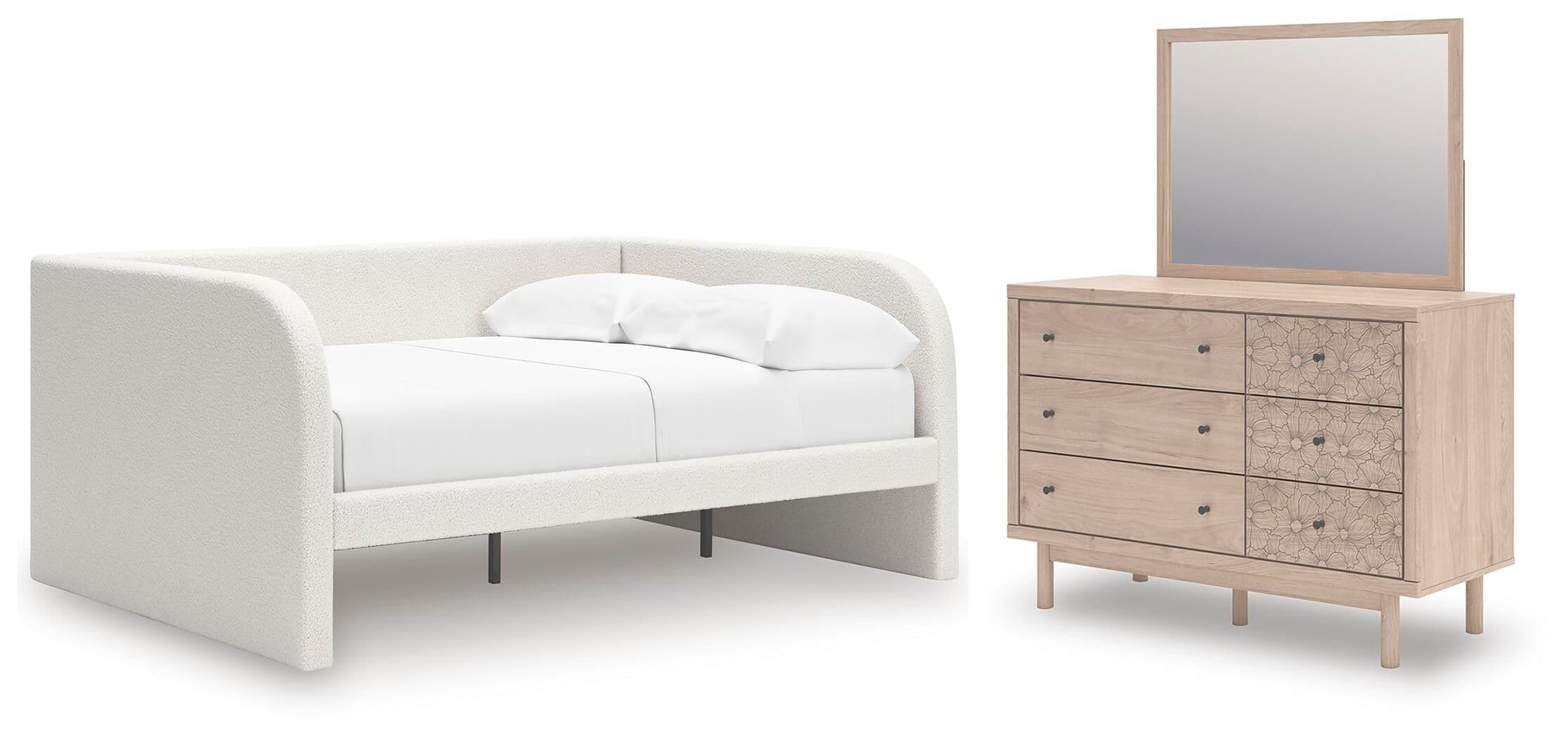 Arloster - 3 Pc. - Full Upholstered Day Bed, Dresser And Mirror - White