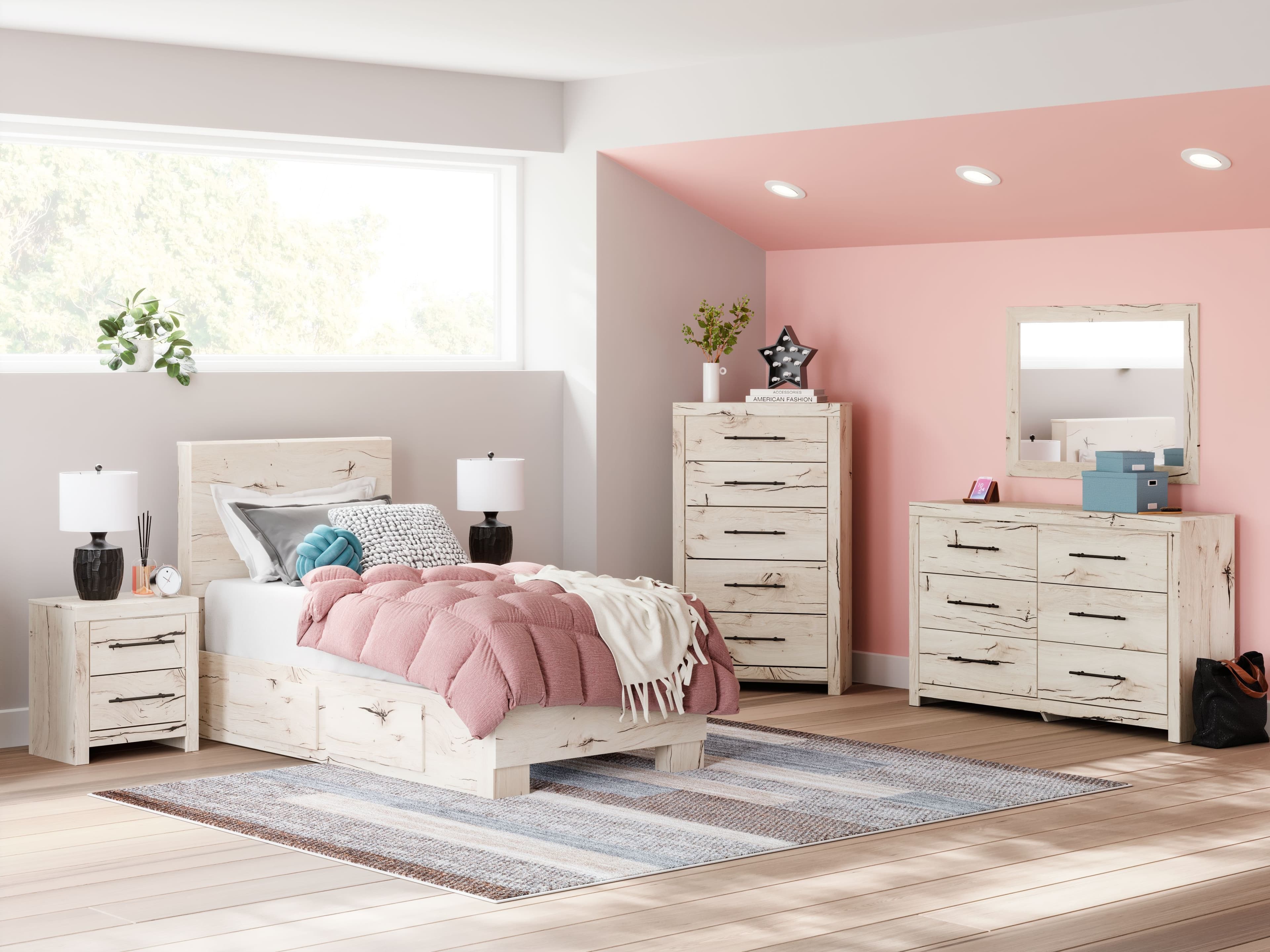 Lawroy - 8 Pc. - Dresser, Mirror, Chest, Twin Panel Bed With 2 Under Bed Storage Units - Light Natural