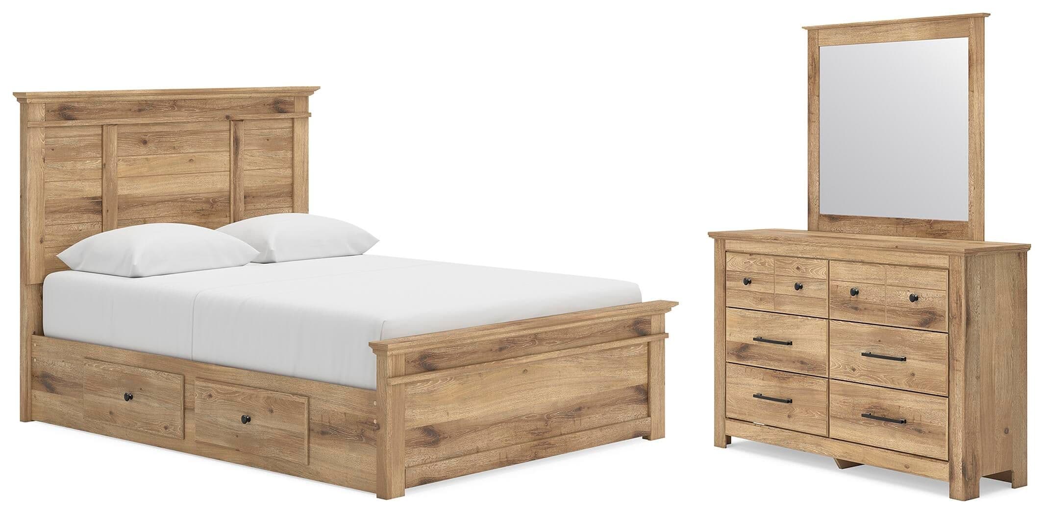 Queen Panel Bed With Storage, Dresser And Mirror · Tan