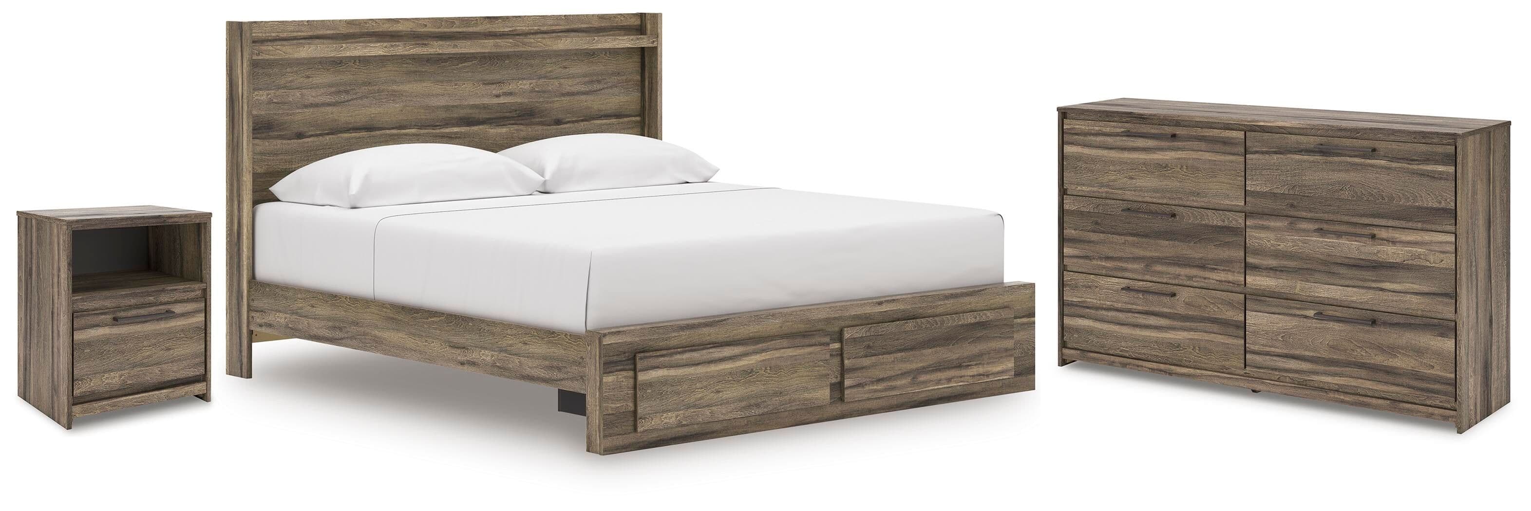 Elbrim - 3 Pc. - King Panel Storage Bed, Dresser And Nightstand - Brown