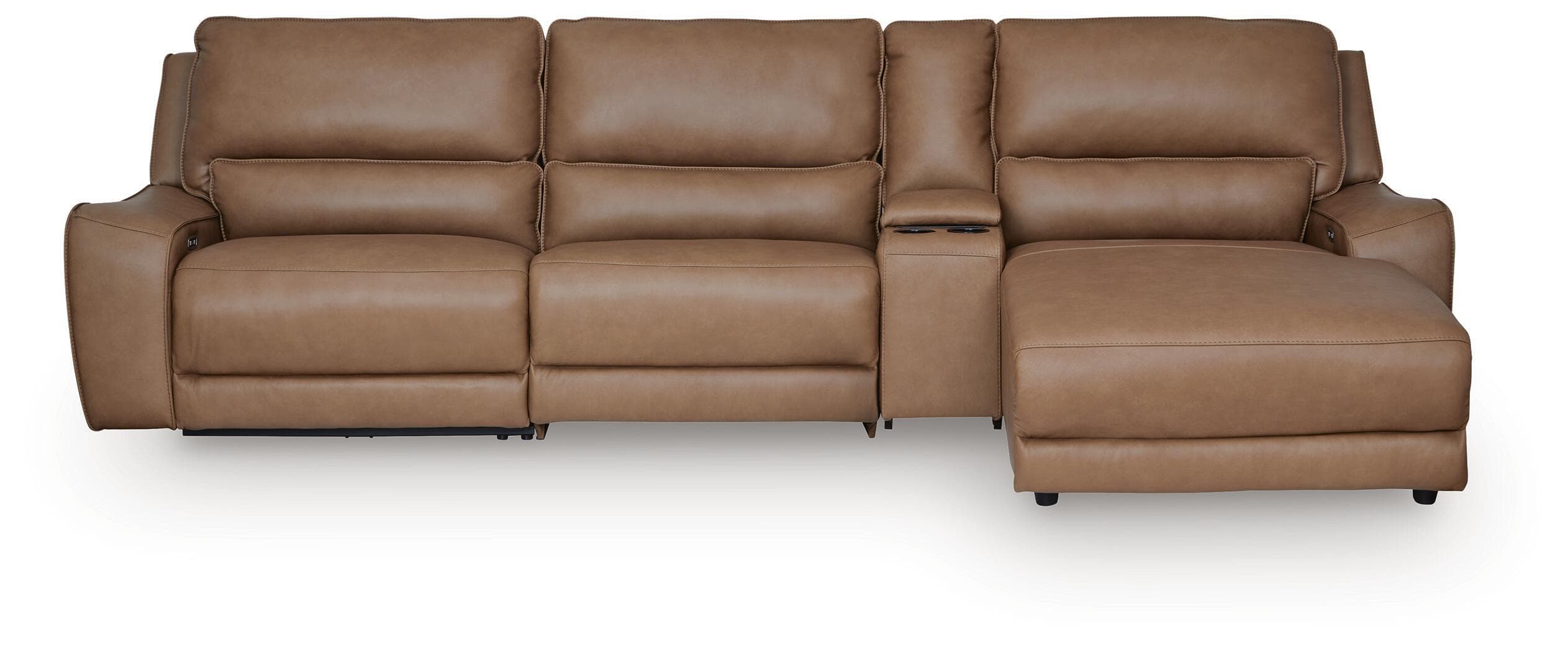 DeepWakes - 4-Piece Power Reclining Sectional With RAF Press Back Power Chaise And Storage Console - Caramel