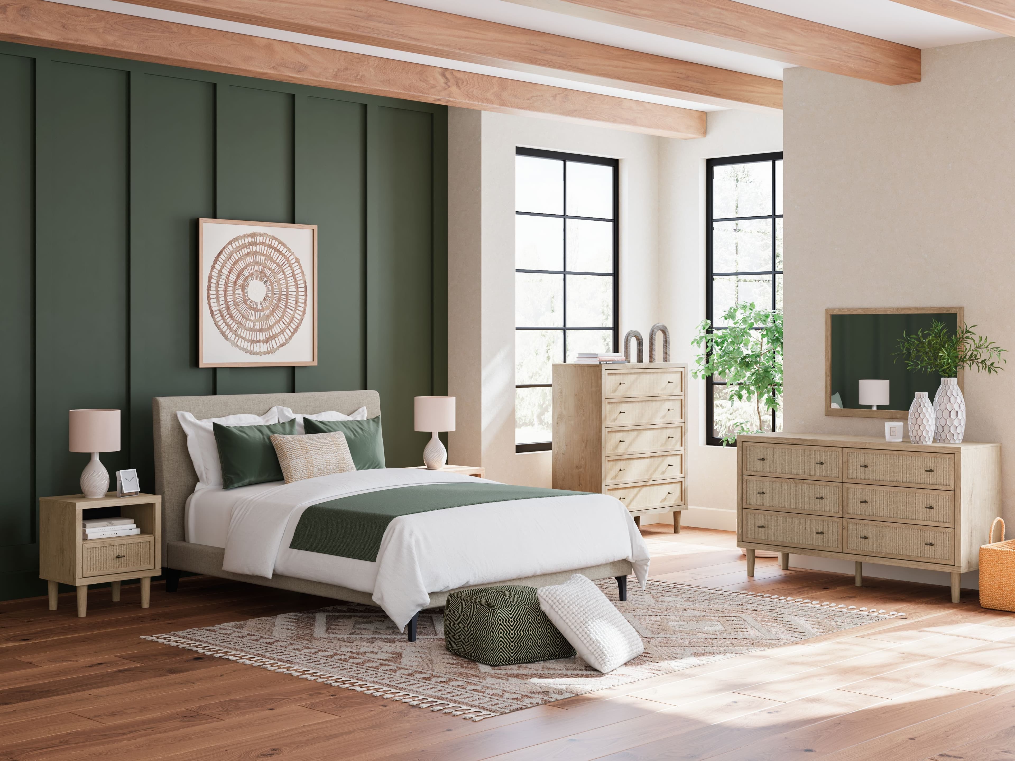 Cielden - 4 Pc. - Dresser, Mirror, Chest, Queen Upholstered Bed With Roll Slats - Soft Gray / Beige