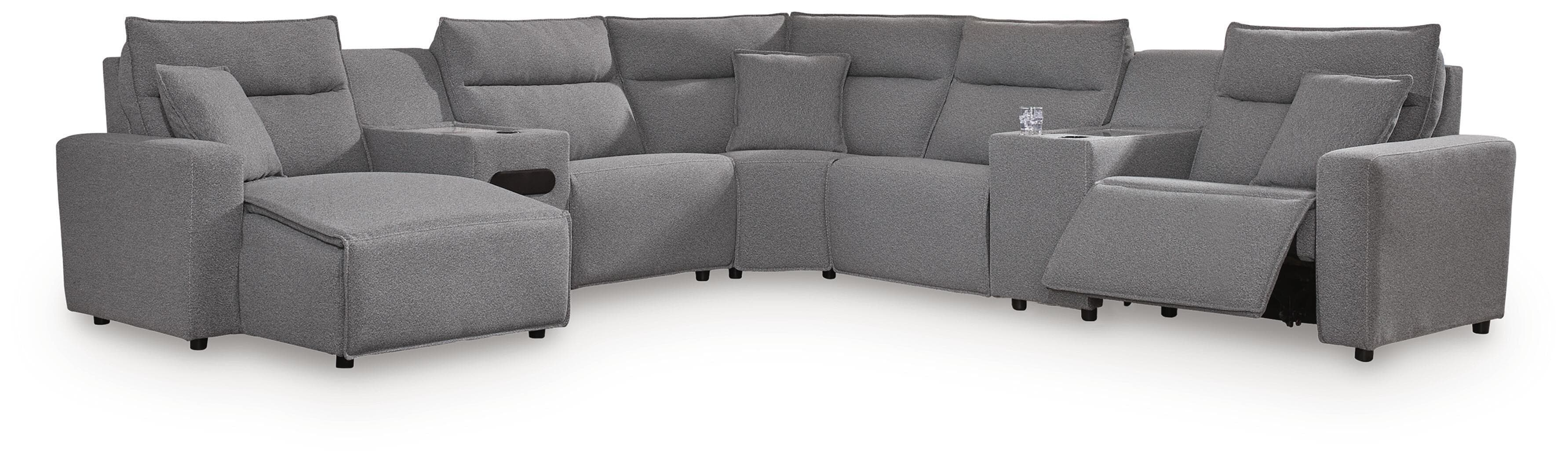 7-Piece Power Reclining Sectional With LAF Press Back Power Chaise And Audio Console · Salt And Pepper