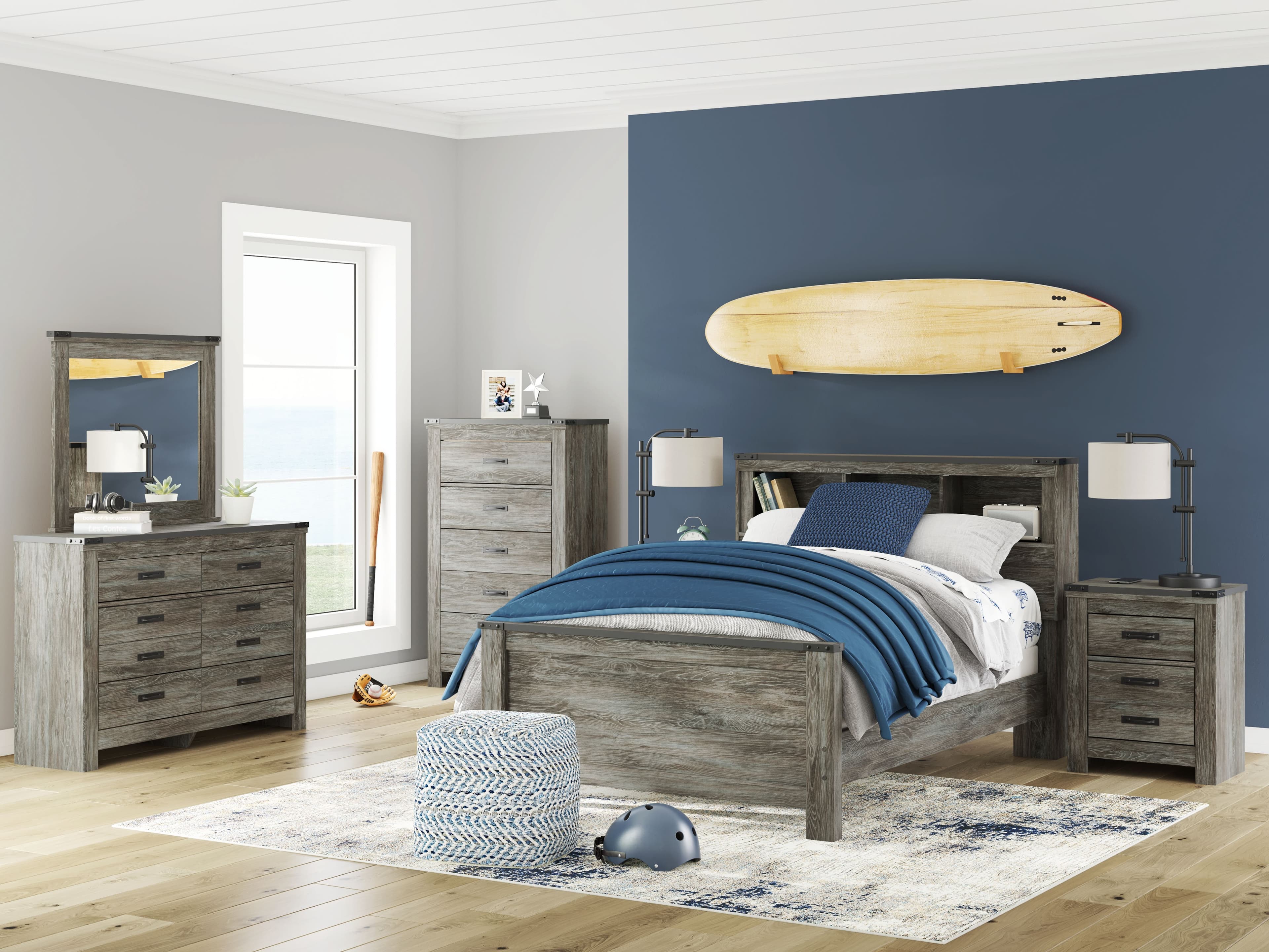 6 Pc. · Dresser, Mirror, Chest, Full Bookcase Panel Bed