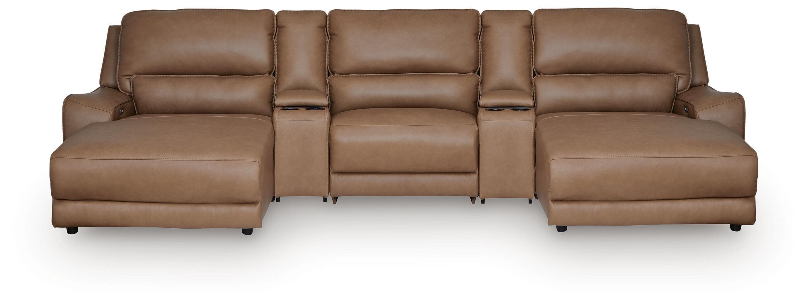 DeepWakes - 5-Piece Power Reclining Sectional With Double Chaise, Power Armless Recliner And 2 Storage Consoles - Caramel