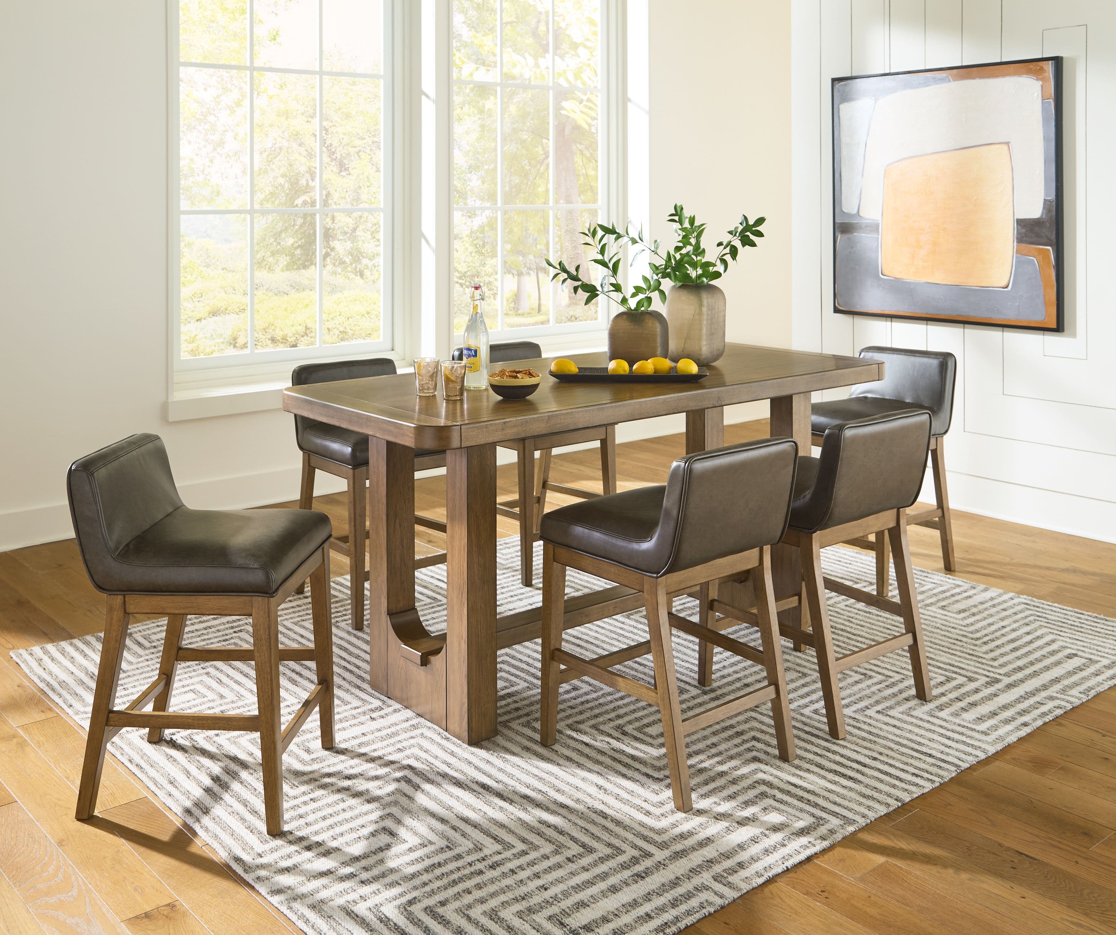 7 Pc. · Rectangular Dining Room Counter Table, 6 Upholstered Barstools