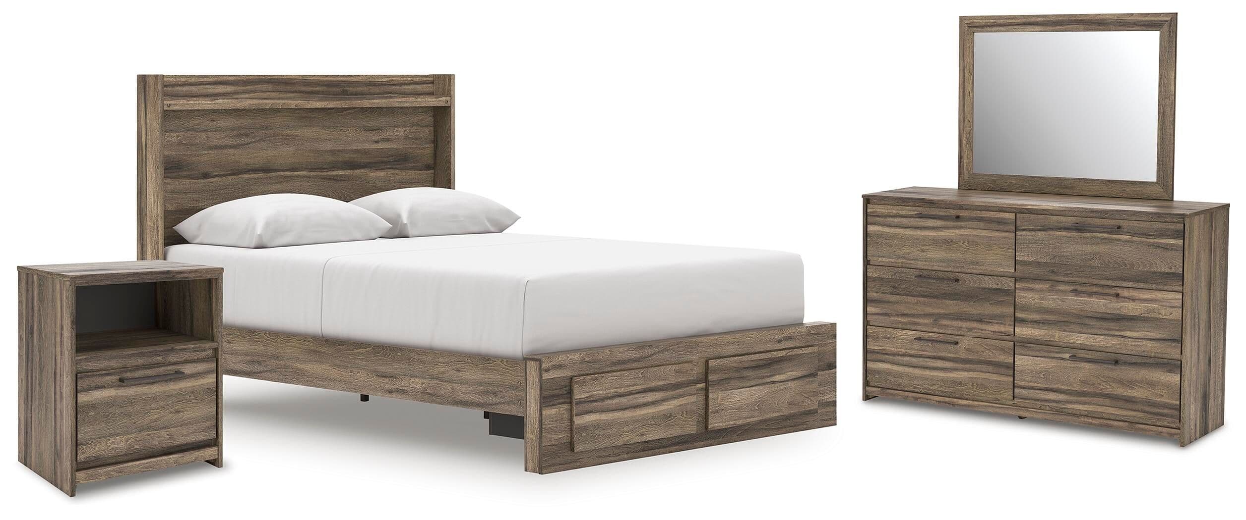 Elbrim - 4 Pc. - Queen Panel Storage Bed, Dresser, Mirror And Nightstand - Brown