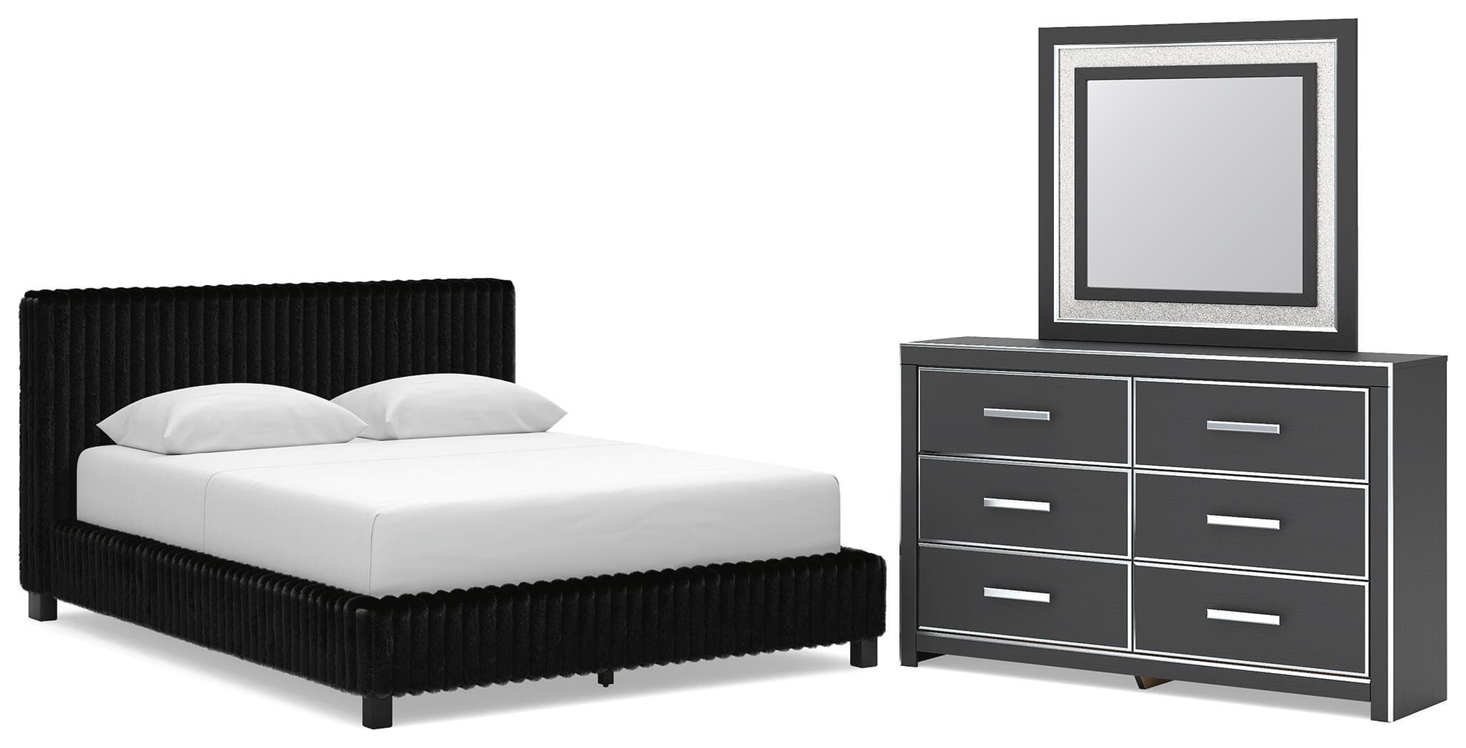 Zuraleus - 3 Pc. - Queen Upholstered Bed, Dresser And Mirror - Black