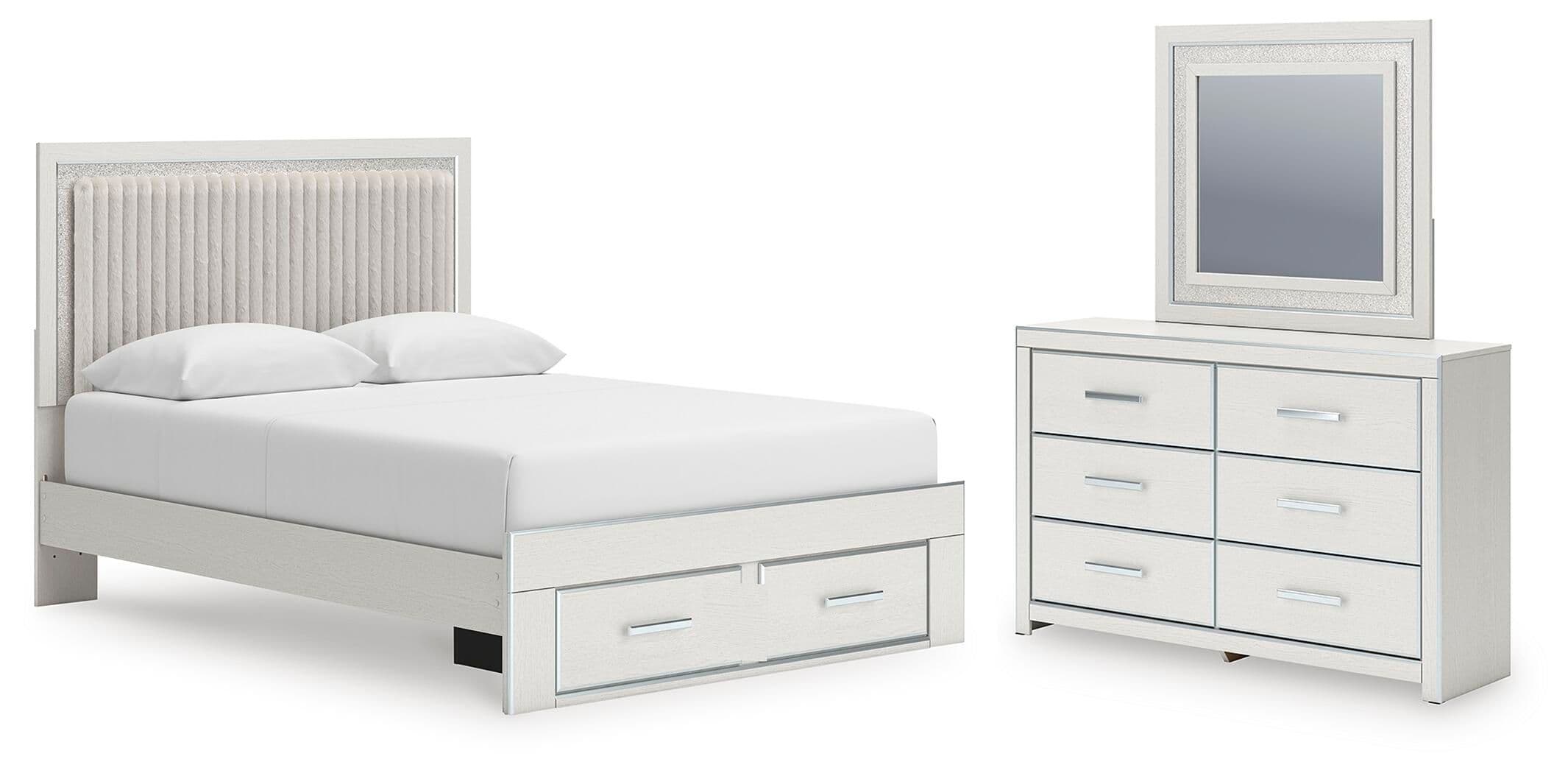Zuraleus - 3 Pc. - Queen Upholstered Panel Platform Storage Bed, Dresser And Mirror - White