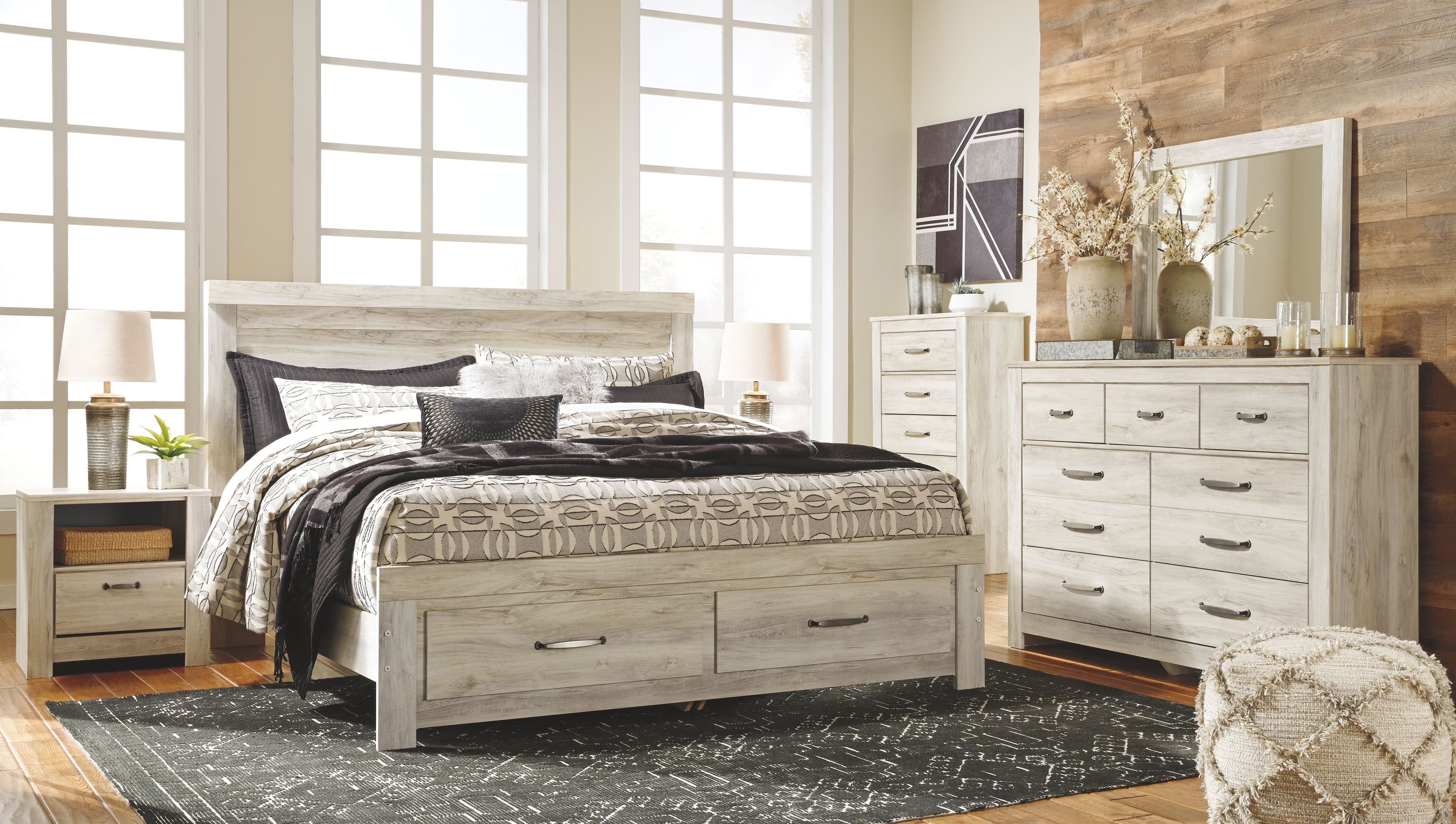 Bellaby - 6 Pc. - Dresser, Mirror, King Platform Bed with 2 Storage Drawers - Whitewash