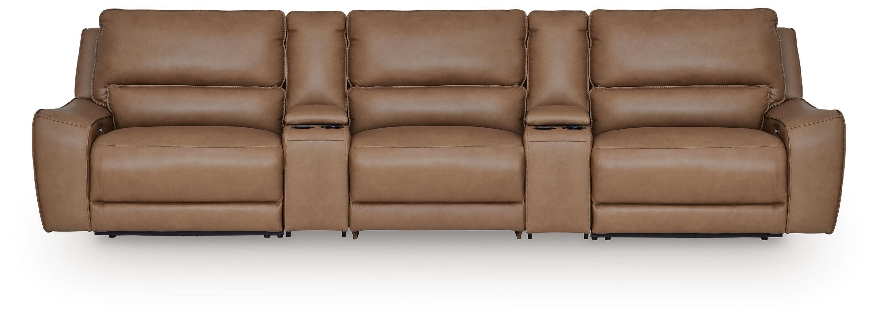 DeepWakes - 5-Piece Power Reclining Sectional With Power Armless Recliner And 2 Storage Consoles - Caramel