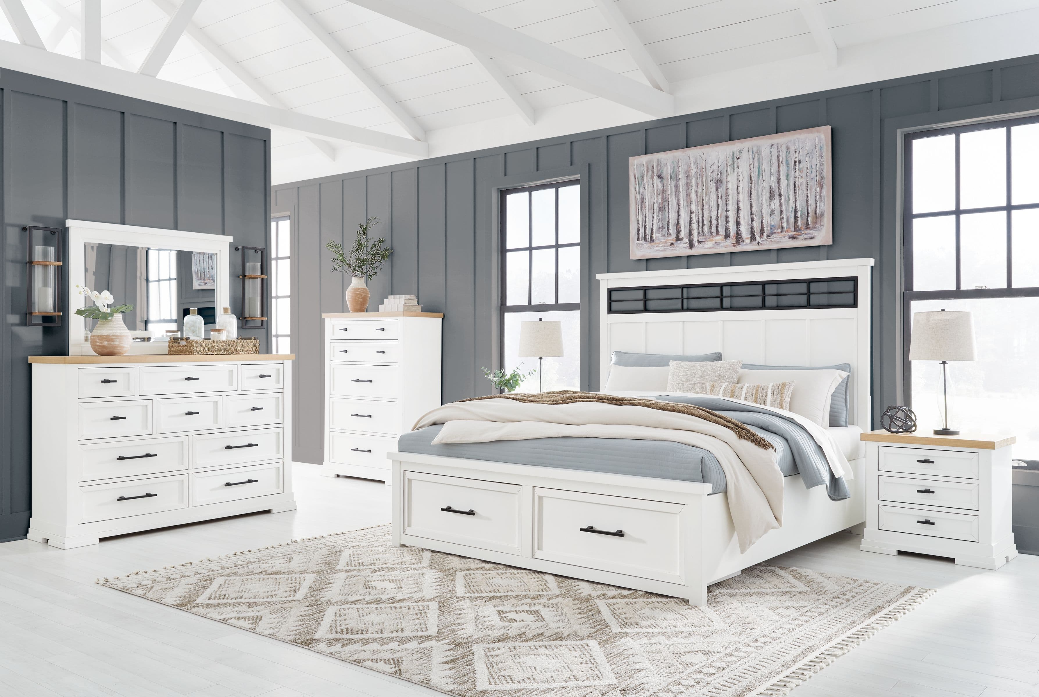6 Pc. · Dresser, Mirror, Chest, California King Panel Storage Bed