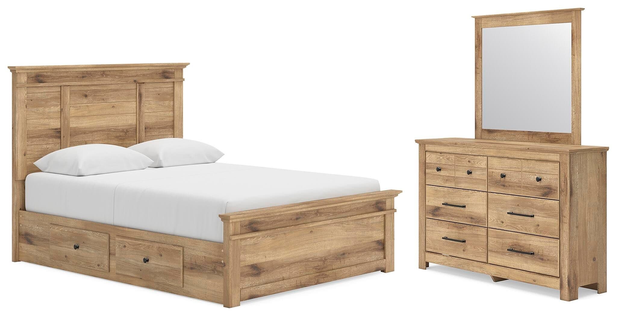 Makidern - 3 Pc. - Queen Panel Bed With 2 Under Bed Storage Units, Dresser And Mirror - Tan