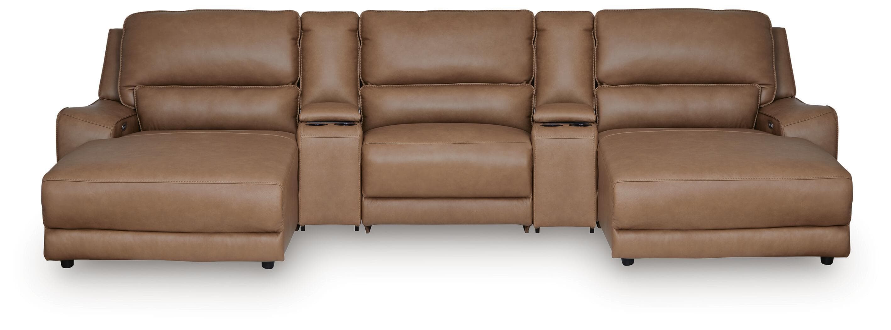 DeepWakes - 5-Piece Power Reclining Sectional With Double Chaise, Armless Chair And 2 Storage Consoles - Caramel
