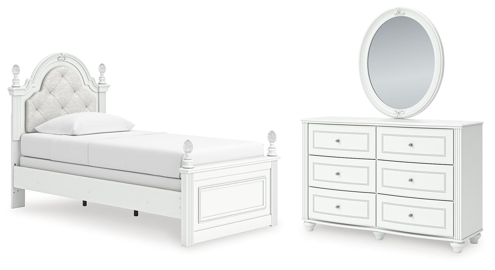 Kozlani - 3 Pc. - Twin Upholstered Panel Bed, Dresser And Mirror - White