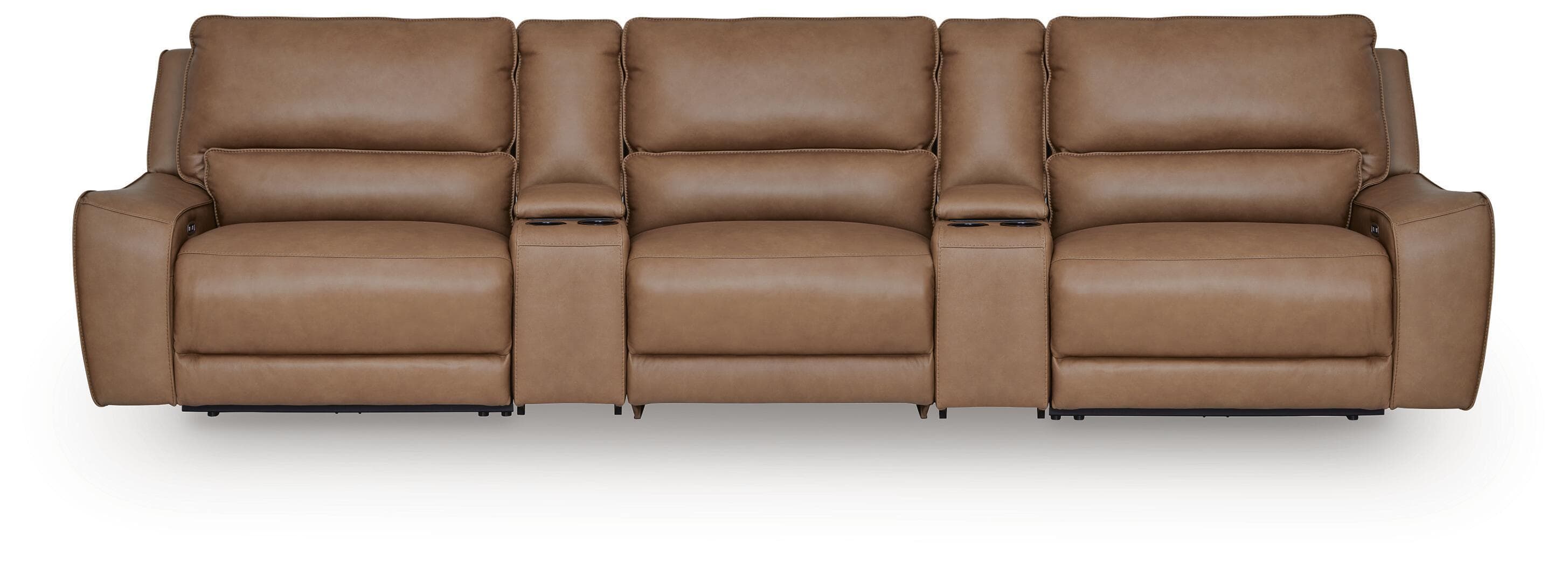DeepWakes - 5-Piece Power Reclining Sectional With Armless Chair And 2 Storage Consoles - Caramel