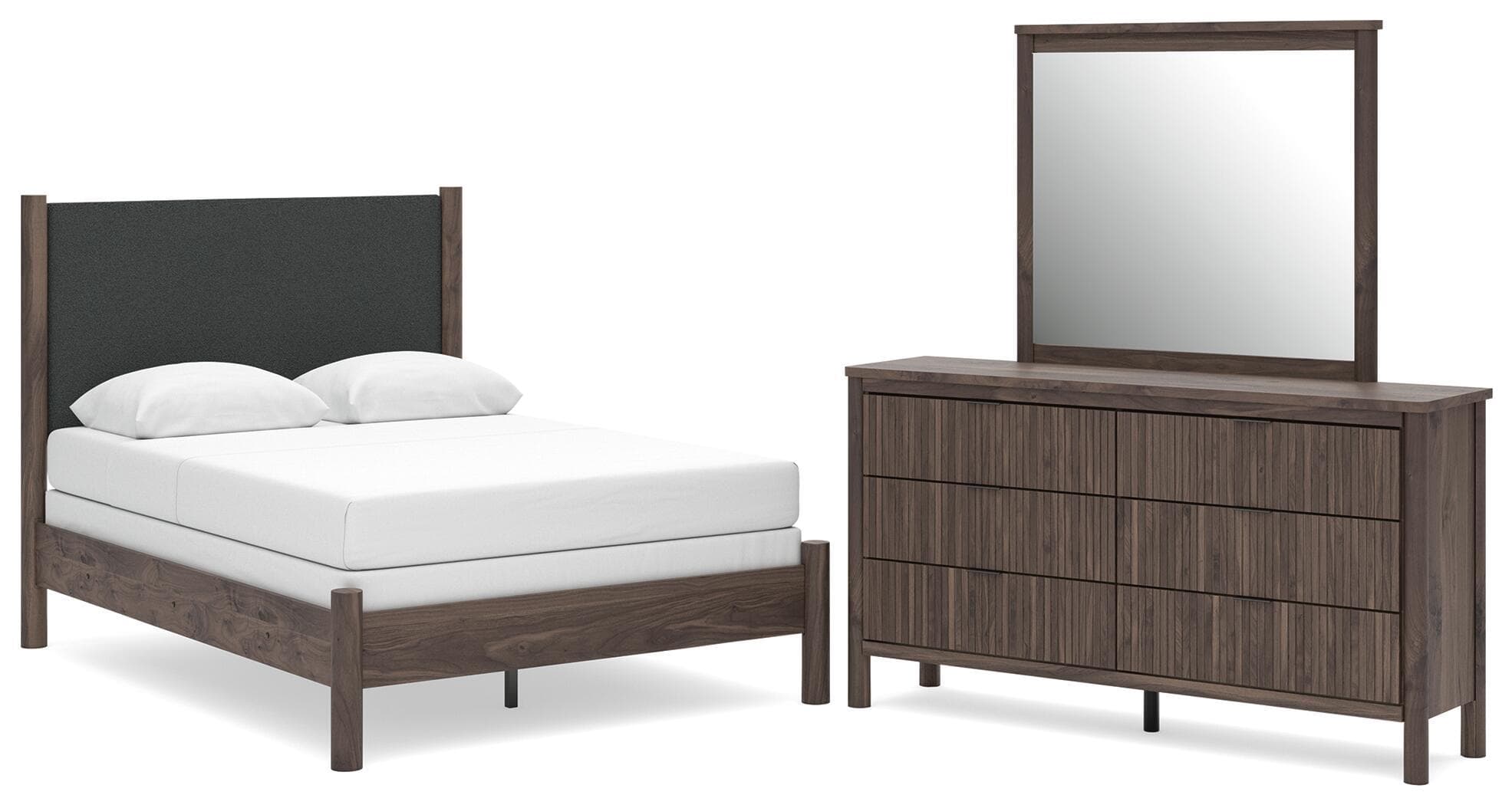 Pamytta - 3 Pc. - Full Upholstered Panel Bed, Dresser And Mirror - Brown