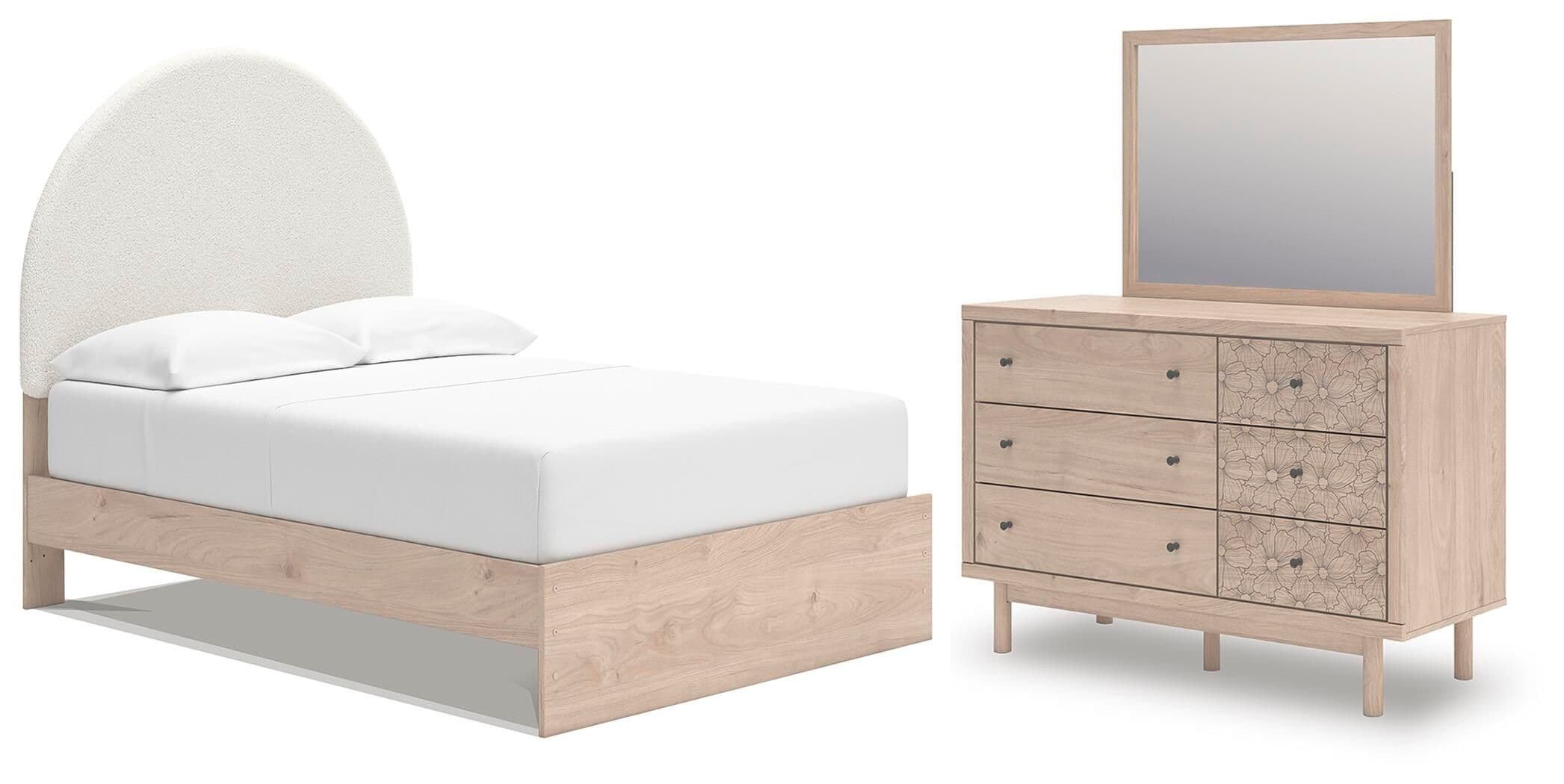 Arloster - 3 Pc. - Full Upholstered Panel Bed, Dresser And Mirror - Tan