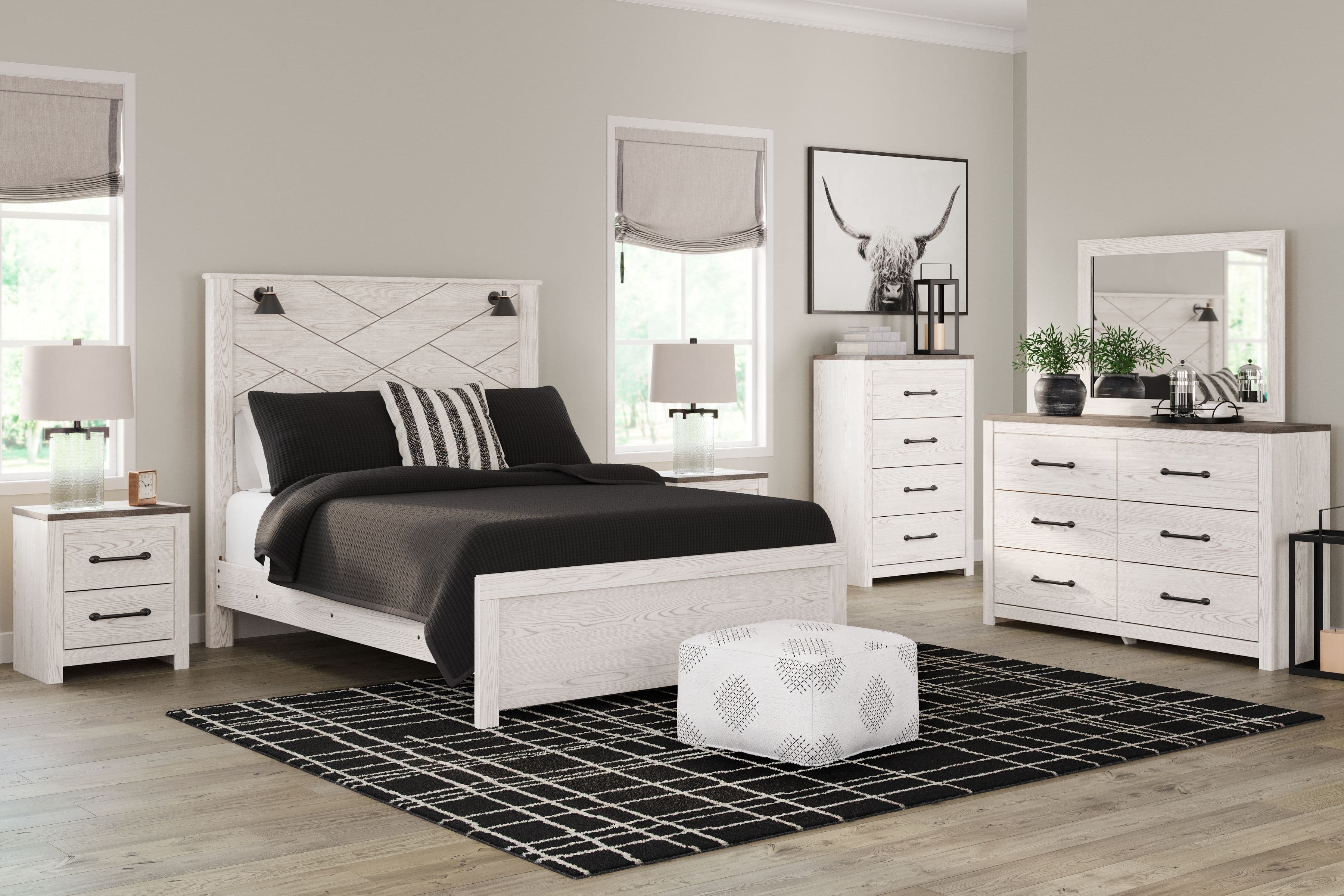 6 Pc. · Dresser, Mirror, Chest, Queen Panel Bed with Sconces