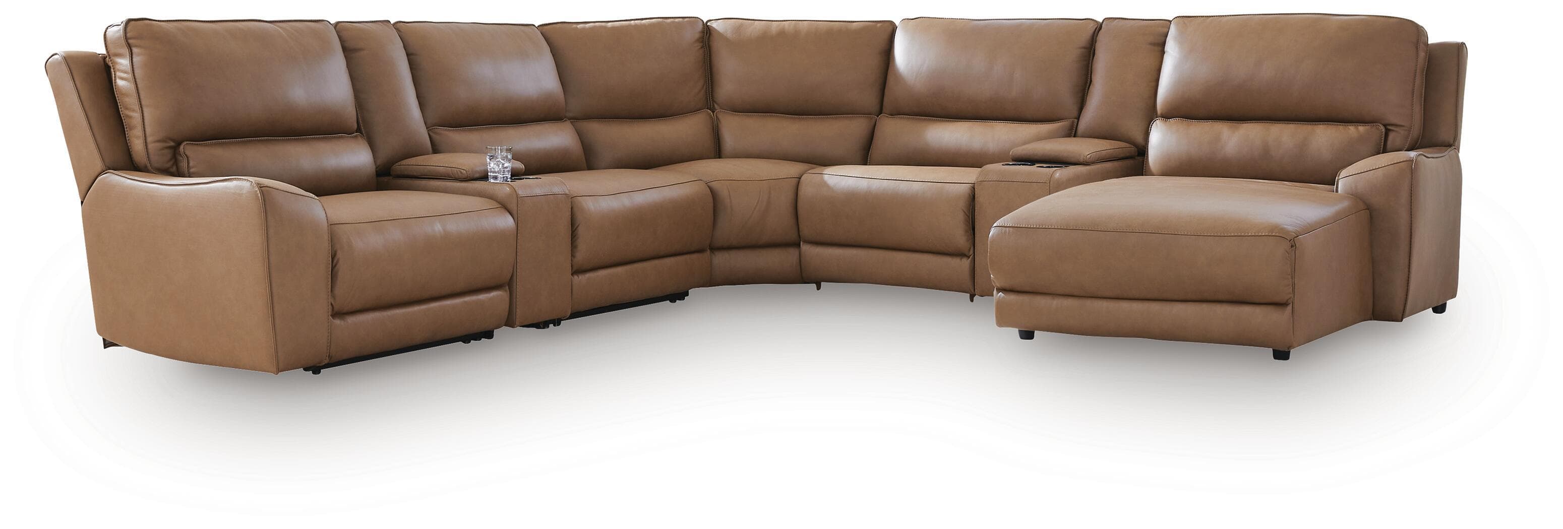 DeepWakes - 7-Piece Power Reclining Sectional With RAF Press Back Power Chaise And 2 Storage Consoles - Caramel