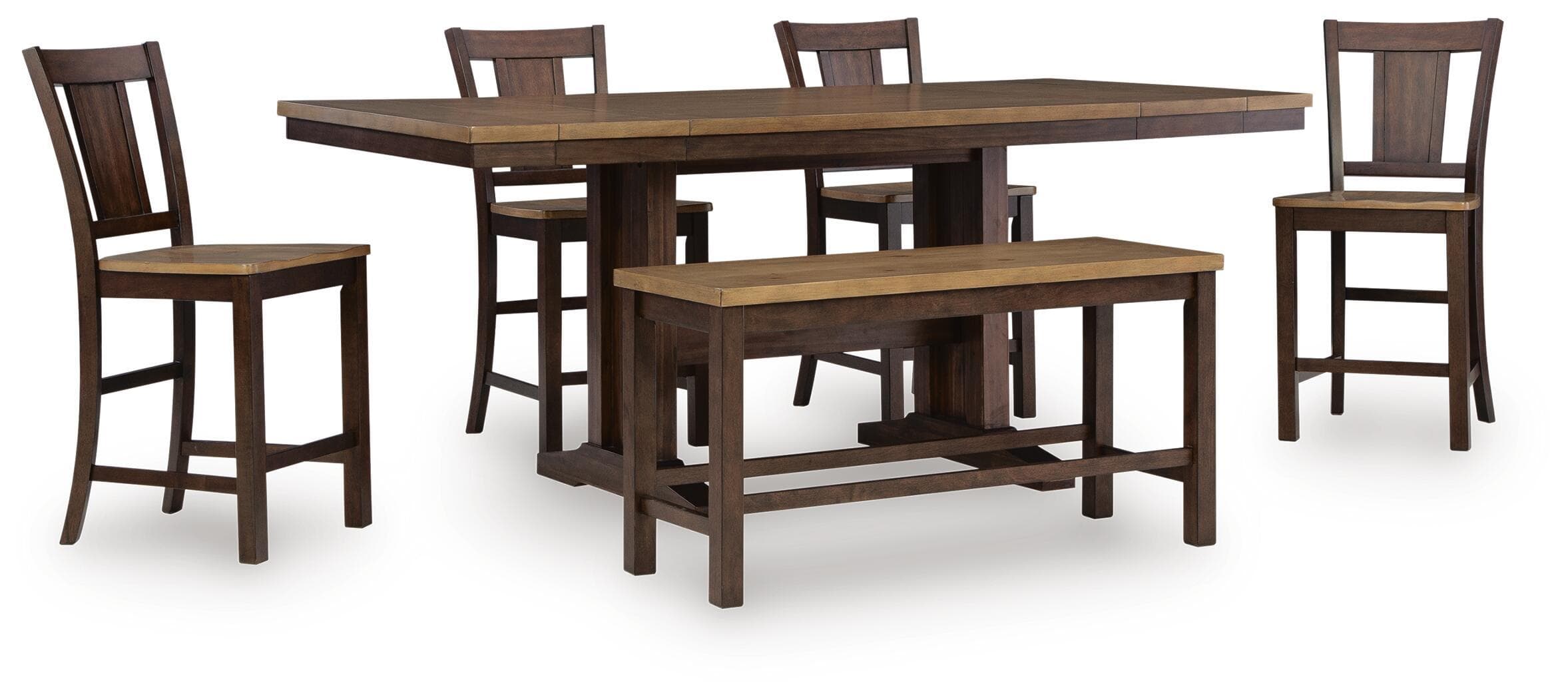 Rylandeen - 6 Pc. - Counter Height Extension Dining Table 4 Barstools And Bench - Light Brown / Dark Brown
