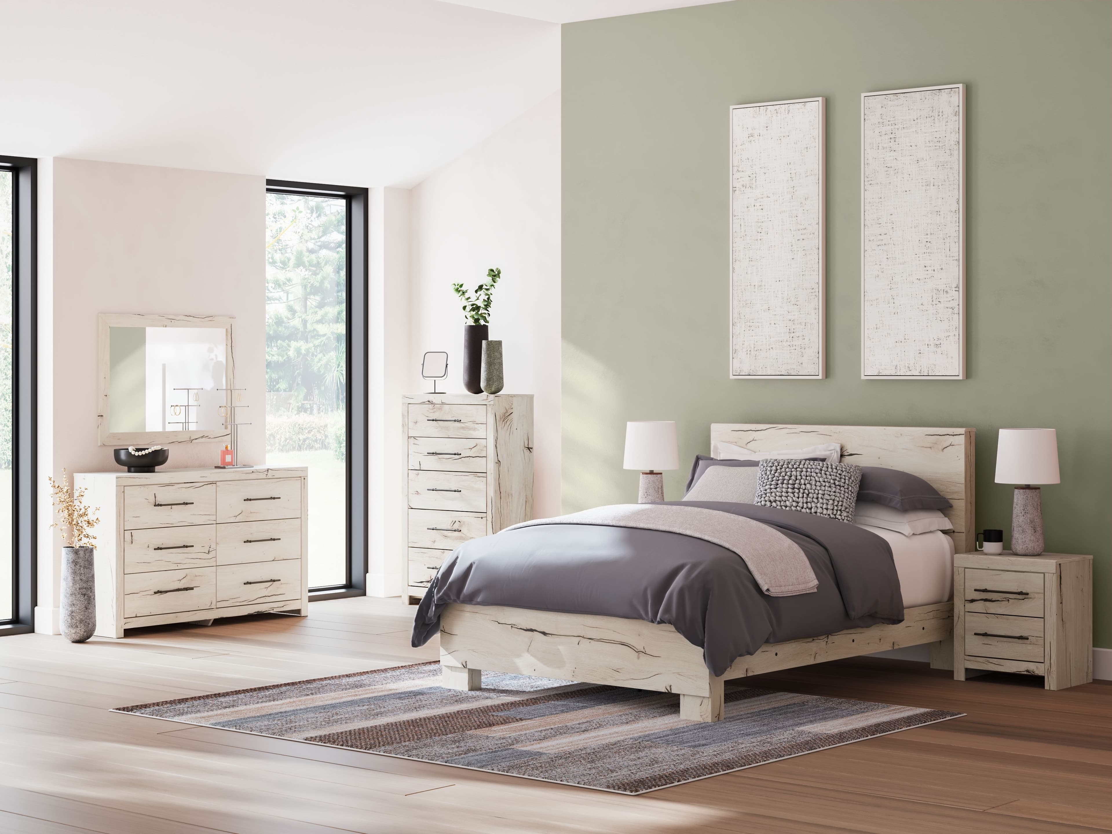 Lawroy - 8 Pc. - Dresser, Mirror, Chest, Queen Panel Bed, 2 Nightstands - Light Natural