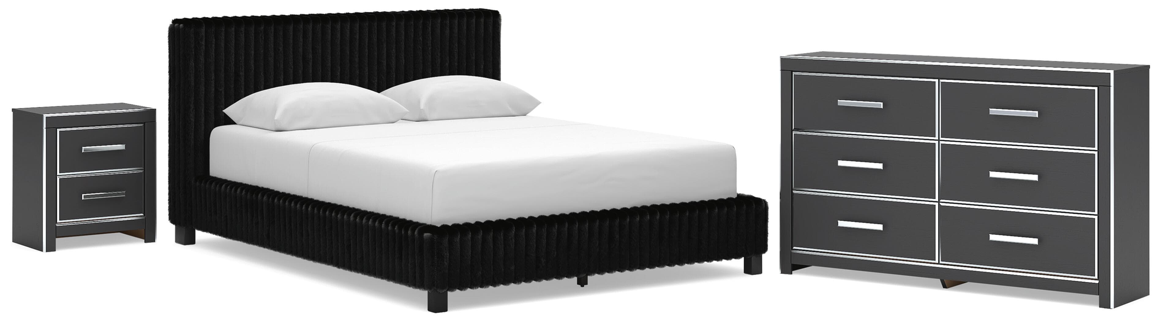 Zuraleus - 3 Pc. - Queen Upholstered Bed, Dresser And Nightstand - Black